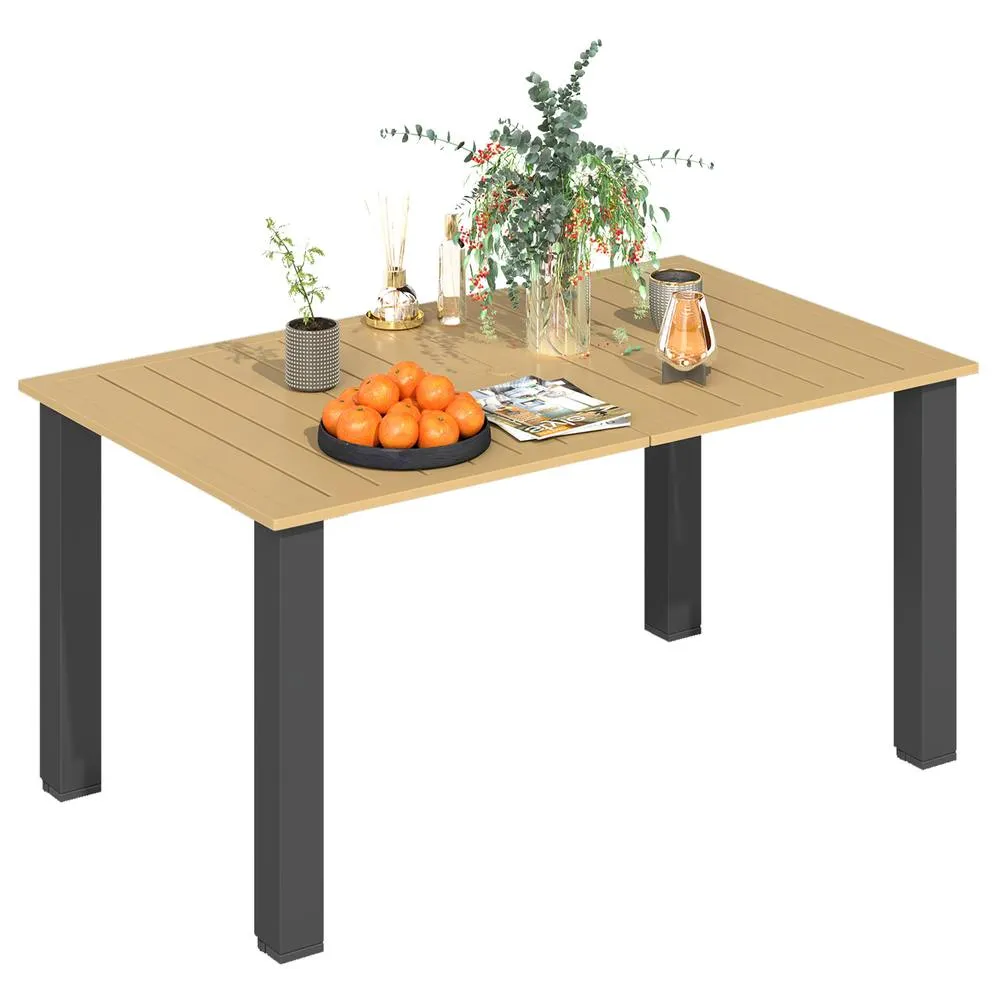 OUTSUNNY Garden Table with Parasol Hole, Slatted Metal Tabletop, Brown 2