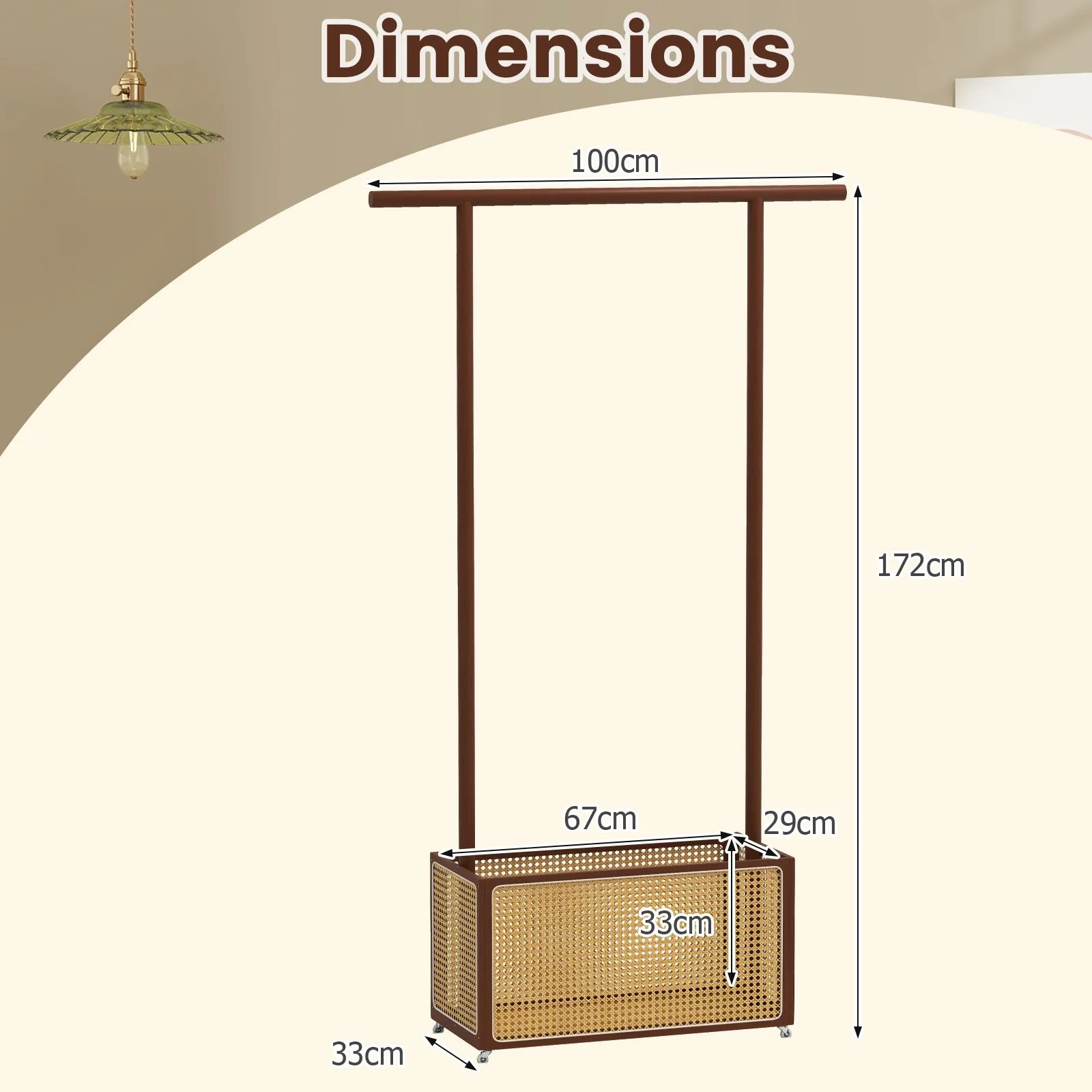 Costway Bamboo Clothes Rack Coat Hanger Stand with Rattan Storage Basket in Brown 2