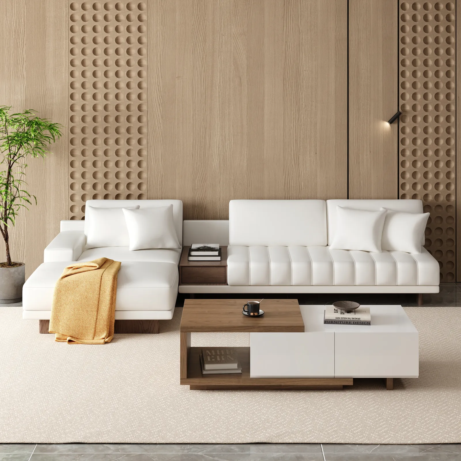 Modular Leather Sectional Sofa Set with Walnut Coffee Table