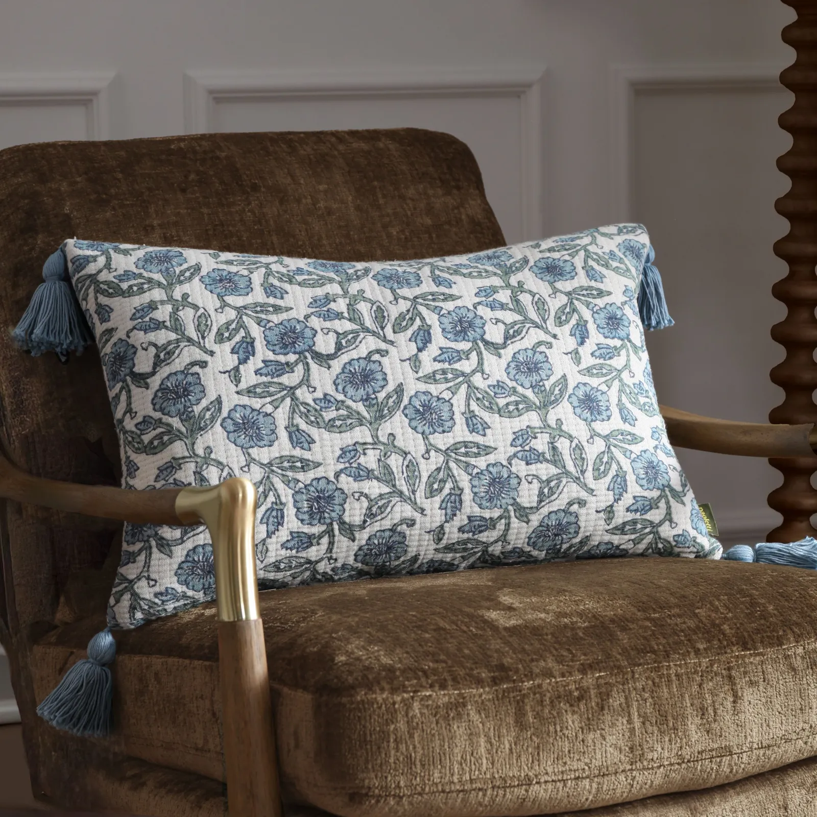 Paoletti Delphine Floral Tasselled 100% Cotton Cushion in Mid Blue 1