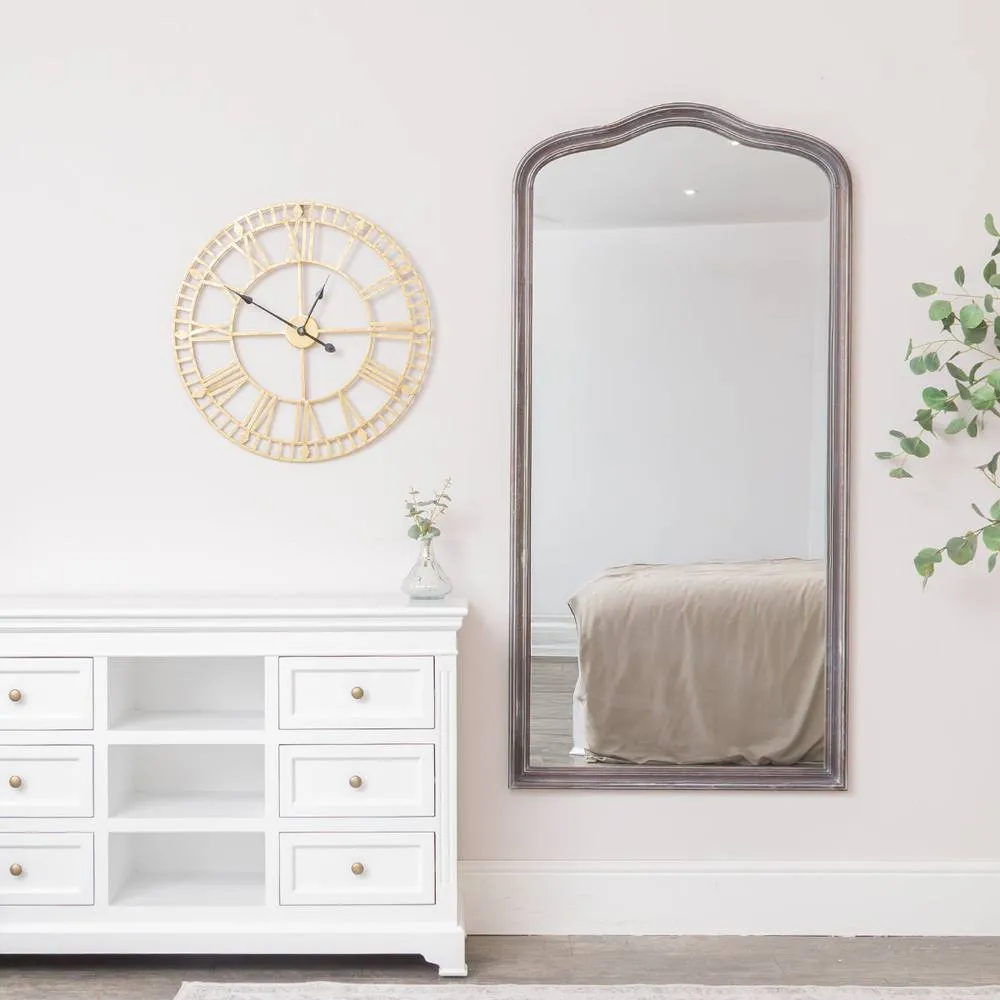 Melody Maison Large Arched Washed Stone Wooden Framed Leaner Mirror - 78cm X 158cm in Brown 6