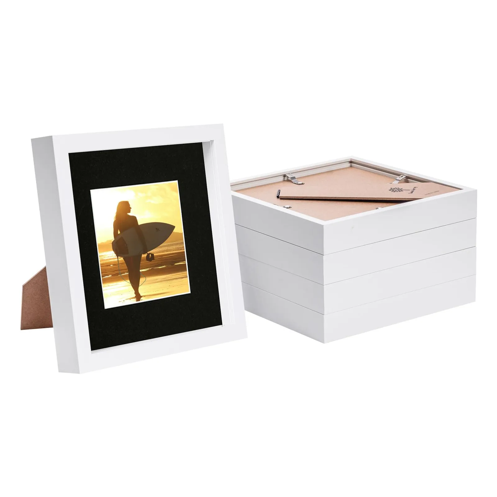 Nicola Spring 8" x 8" White 3D Box Photo Frames - 4" x 4" Mount - Pack of 5 in Black