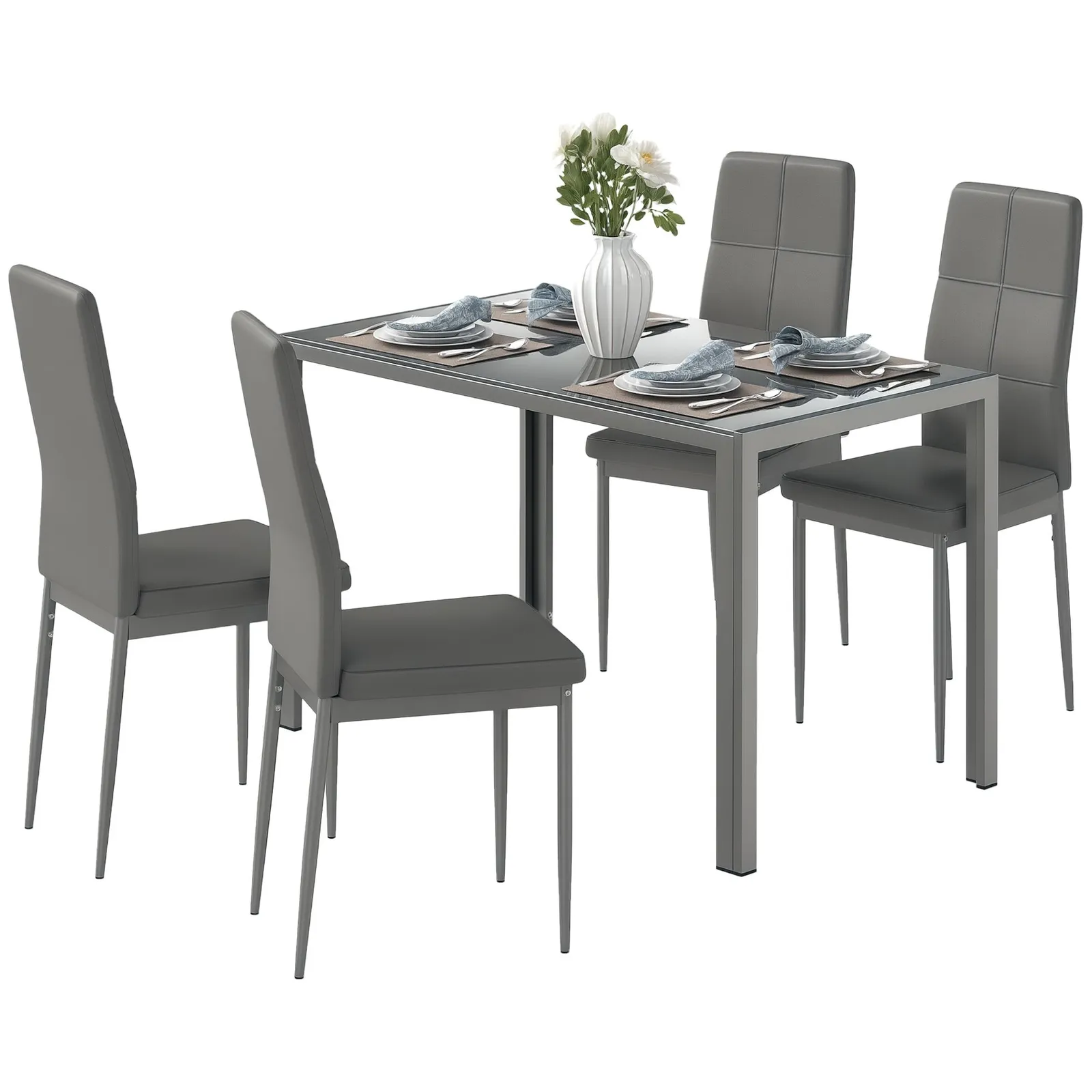 HOMCOM 5 Piece Kitchen Dining Set Glass Top Table 4 PU Leather Chairs Dinette in Grey 2