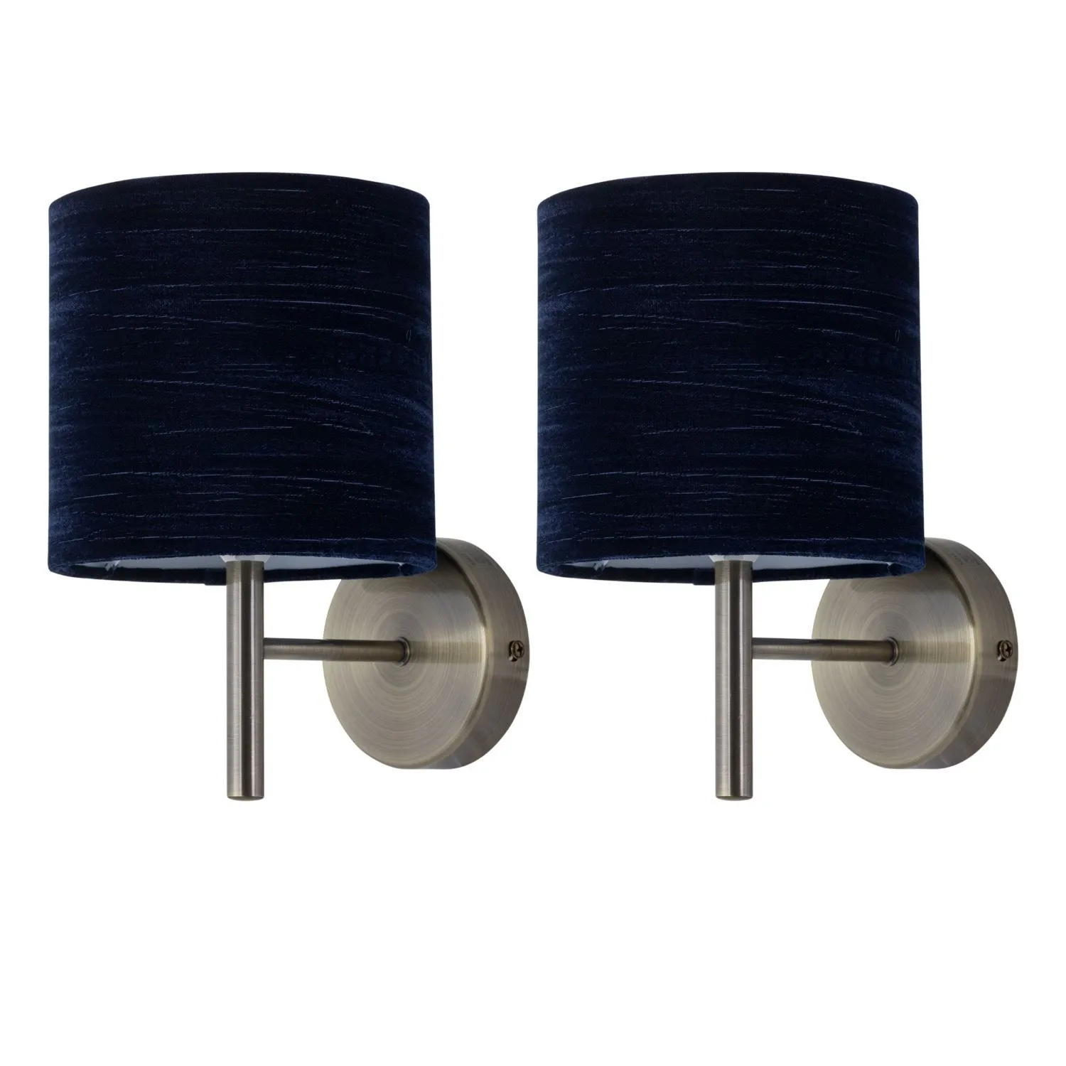 First Choice Lighting Set of 2 Brea - Antique Brass Wall Lights with Navy Blue Velvet Shades in Gold