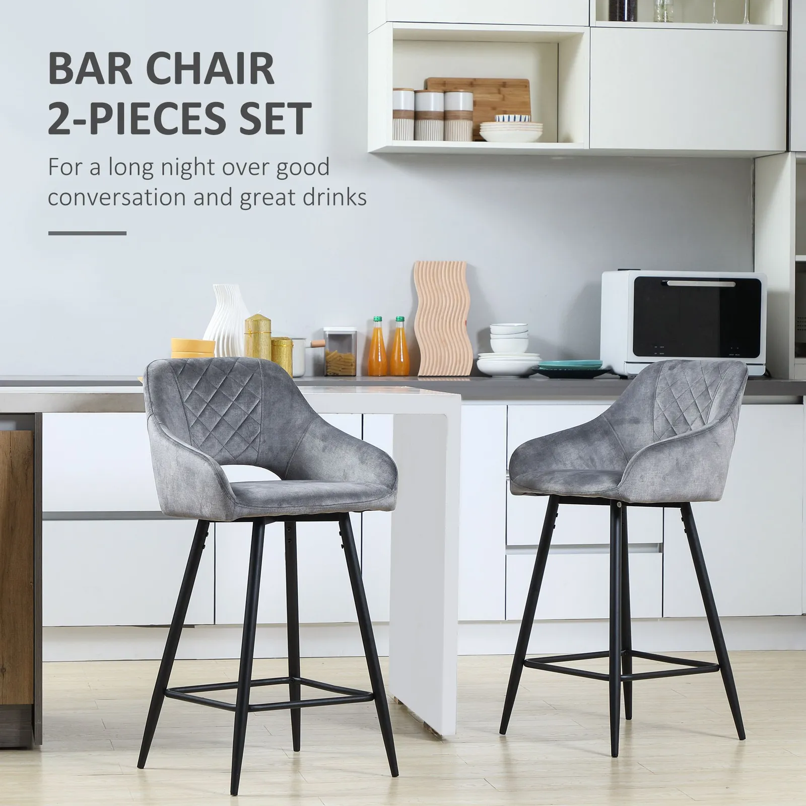 HOMCOM Stools Set of 2, Velvet-Touch Fabric Counter Height Bar Chairs in Grey 4