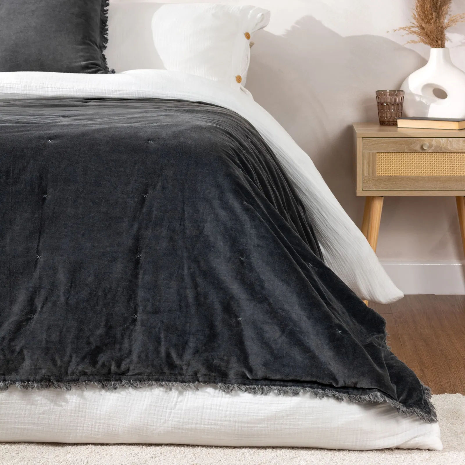 Yard Jaye Fringed Cotton Velvet Bedspread in Dark Blue