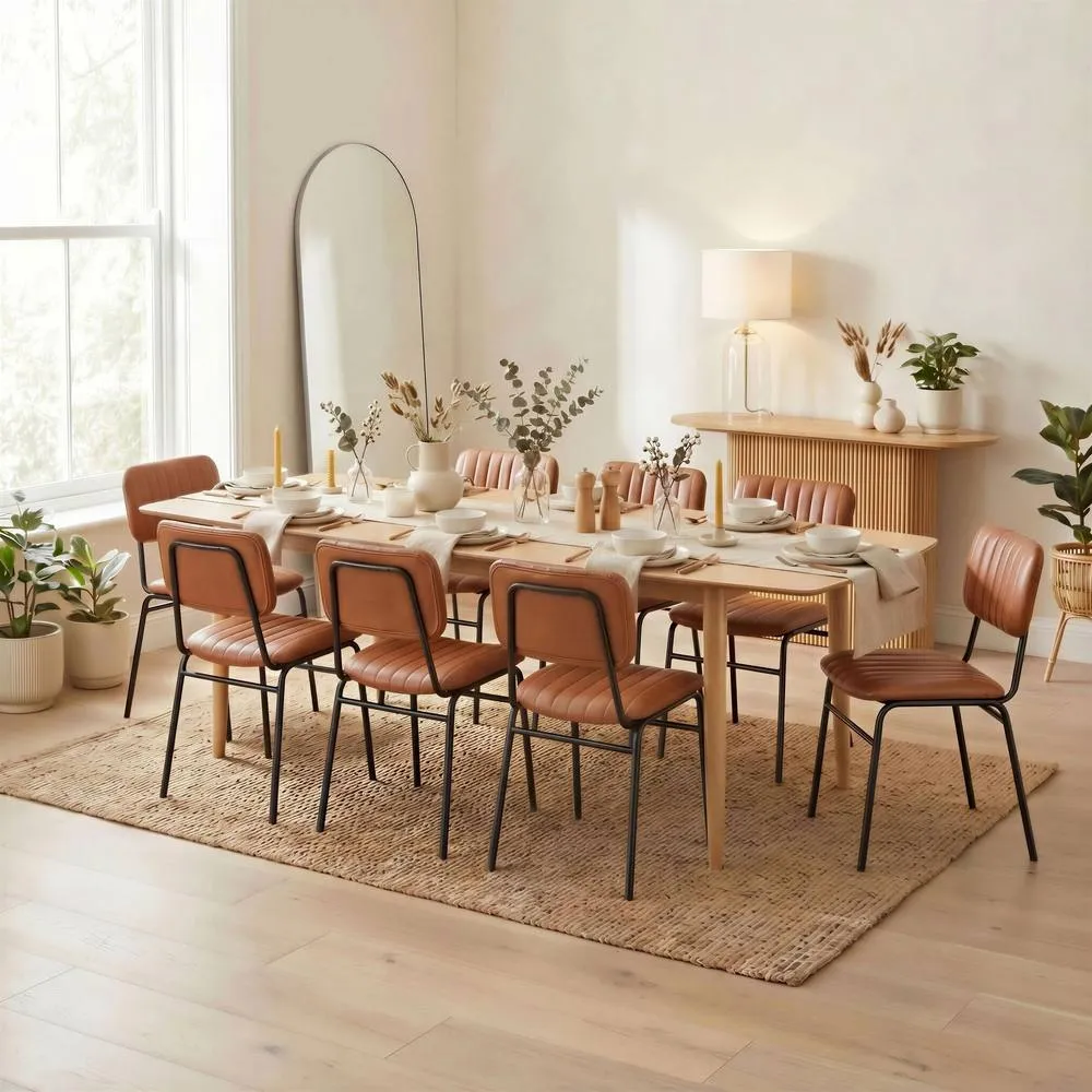 FurnitureboxUK Leif Oak Veneer Wood Extending Dining Table with 8 Tan Delta Chairs in Brown 1