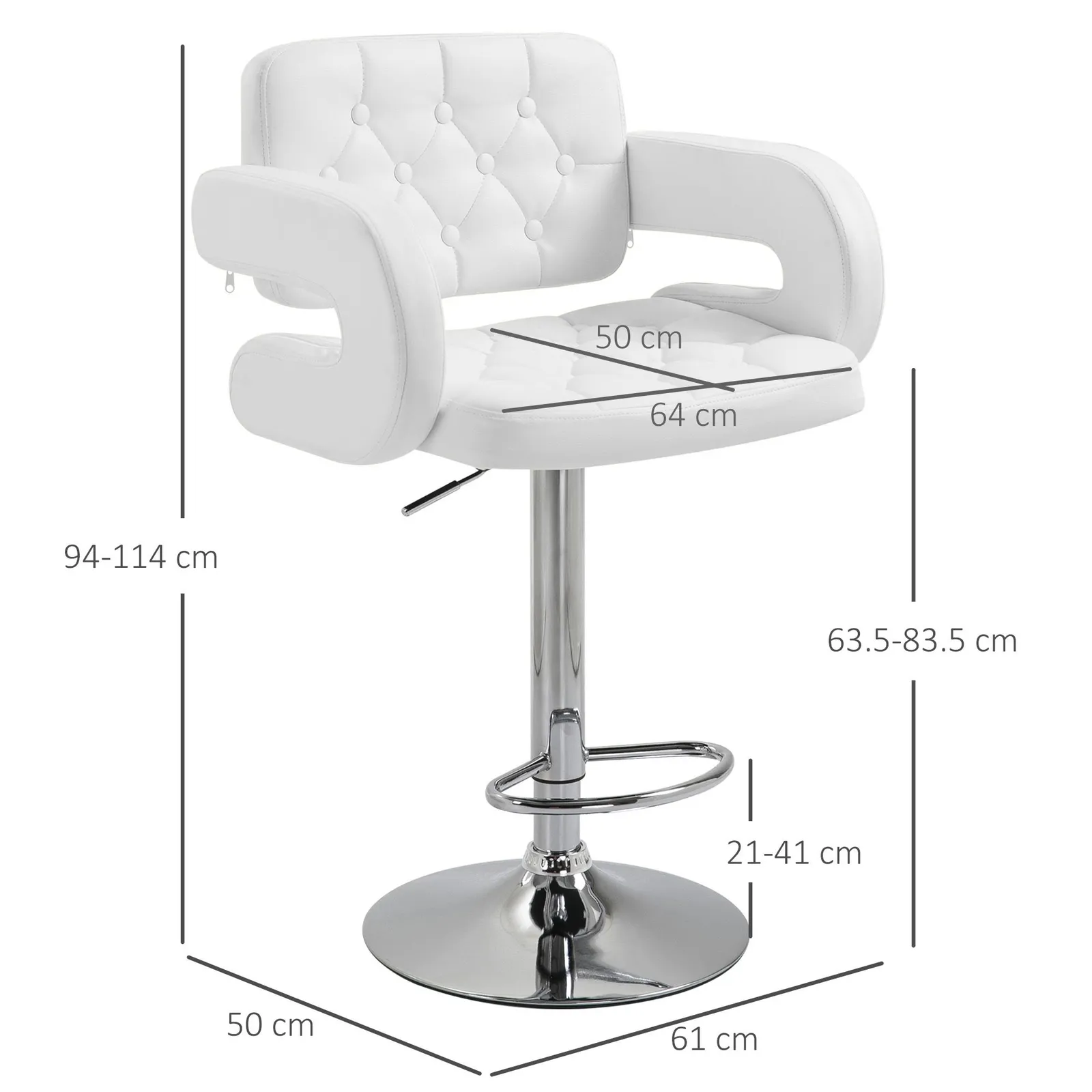 HOMCOM Adjustable Height Barstool Steel Pole PU Leather Bistro in White 3