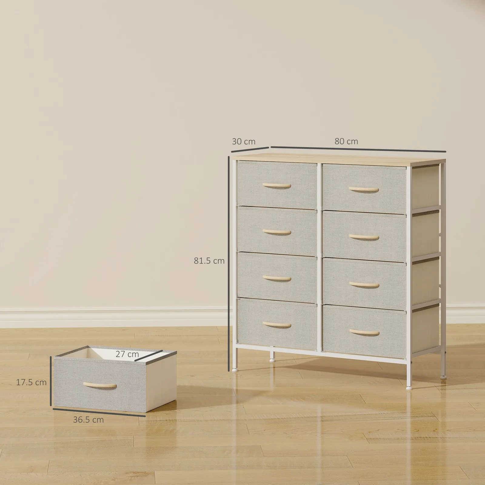 HOMCOM 8 Drawer Fabric Chest of Drawers w/ Wooden Top for Hallway in Natural 3