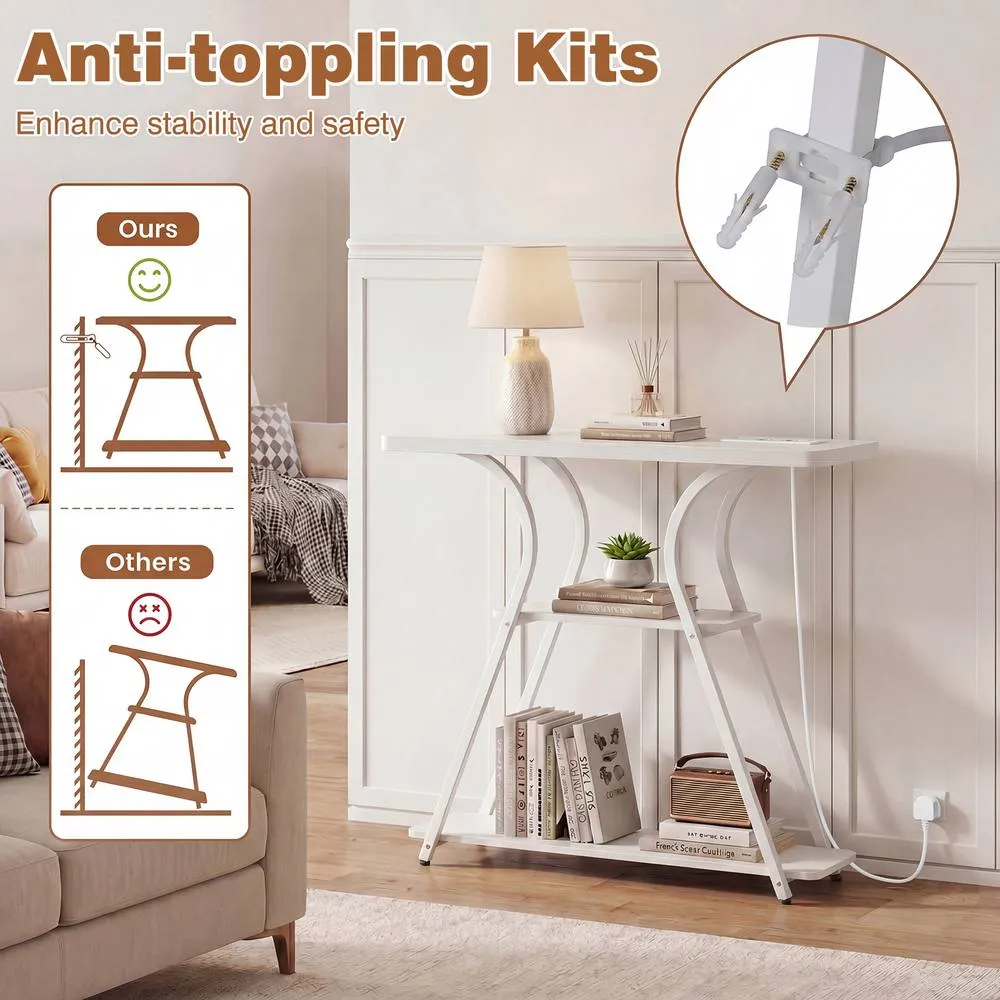 Costway Console Table w/ LED Lights & Power Outlets 3-Tier Entryway Table in White 5