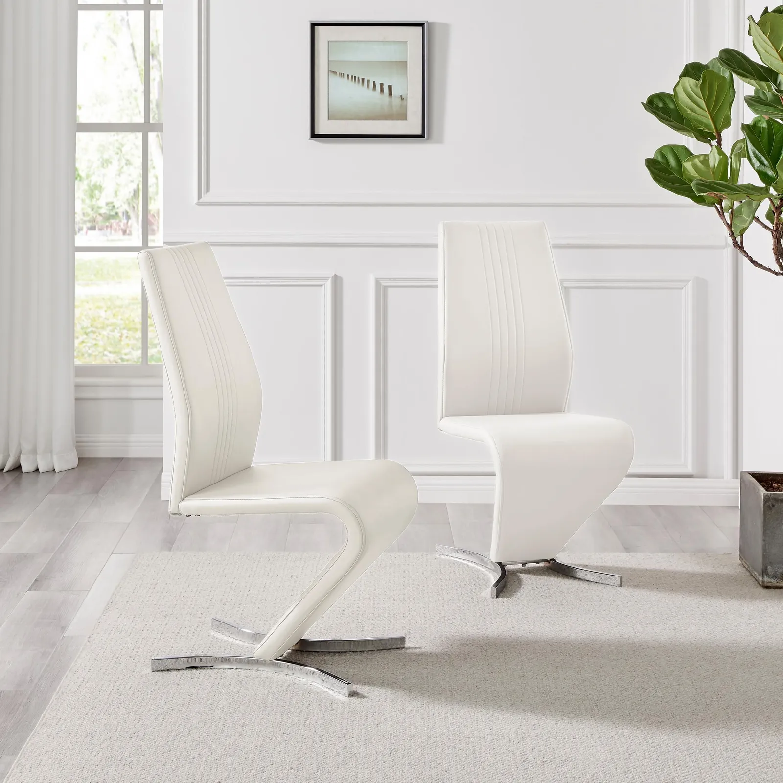 FurnitureboxUK Set of 2 Willow Contemporary Z Shaped Faux Leather Dining Chairs With Silver Chrome Metal Legs in White 2