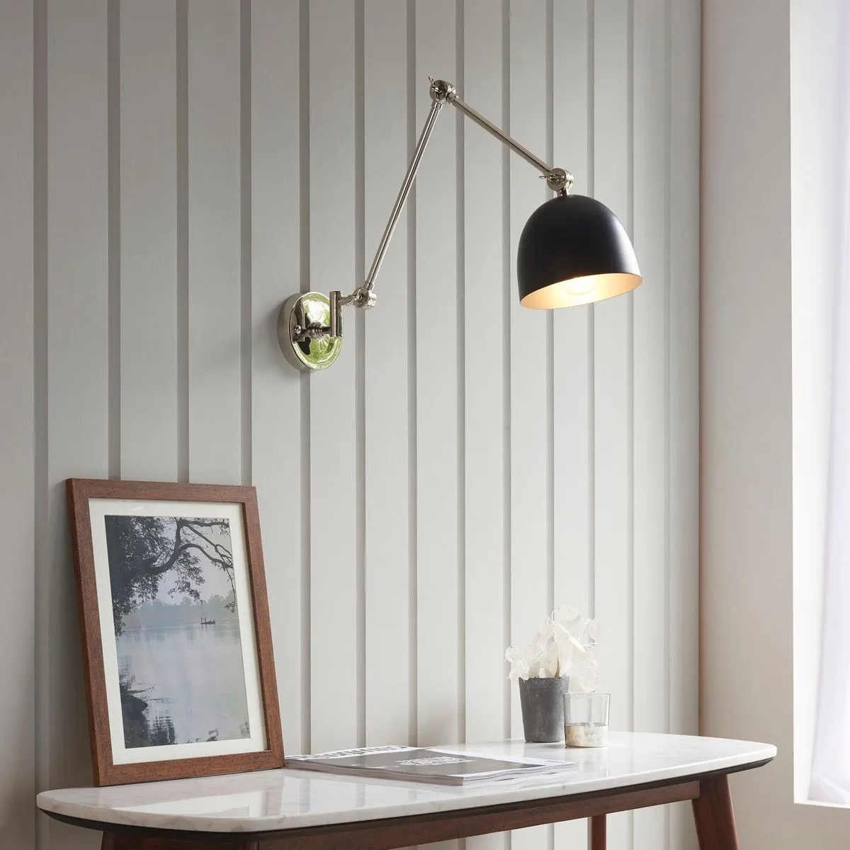 Netlighting Lehal Dome Adjustable Arm Wall Lamp Polished Nickel Plate Matt Black 5
