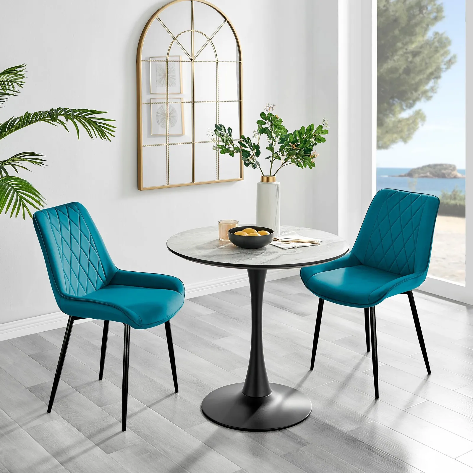 FurnitureboxUK Elina White Marble Effect Scratch Resistant Dining Table & 2 Pesaro Black Leg Velvet Chairs in Blue 1
