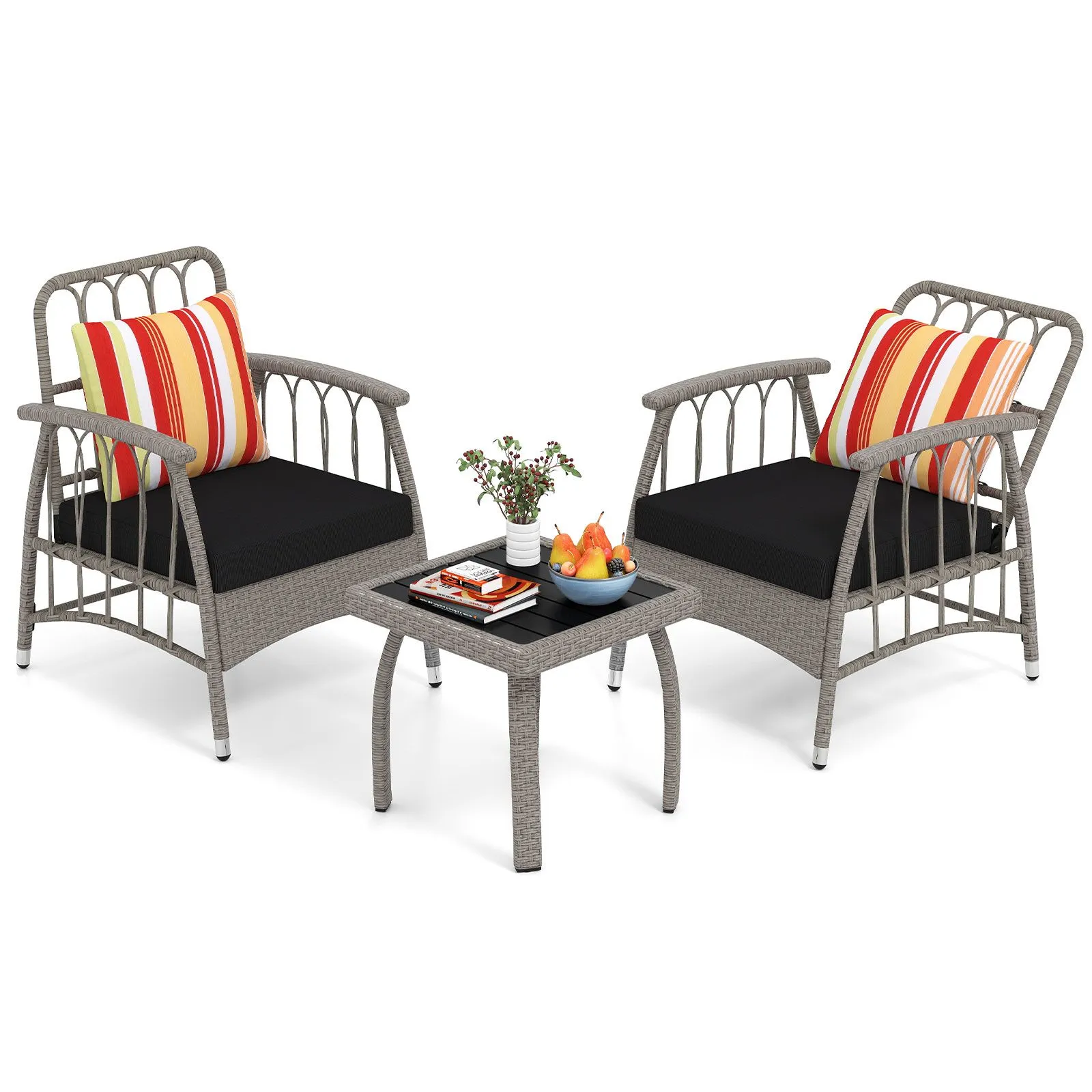 Costway 3 PCS Patio PE Wicker Furniture Set Garden Coffee Table & Armchairs in Grey