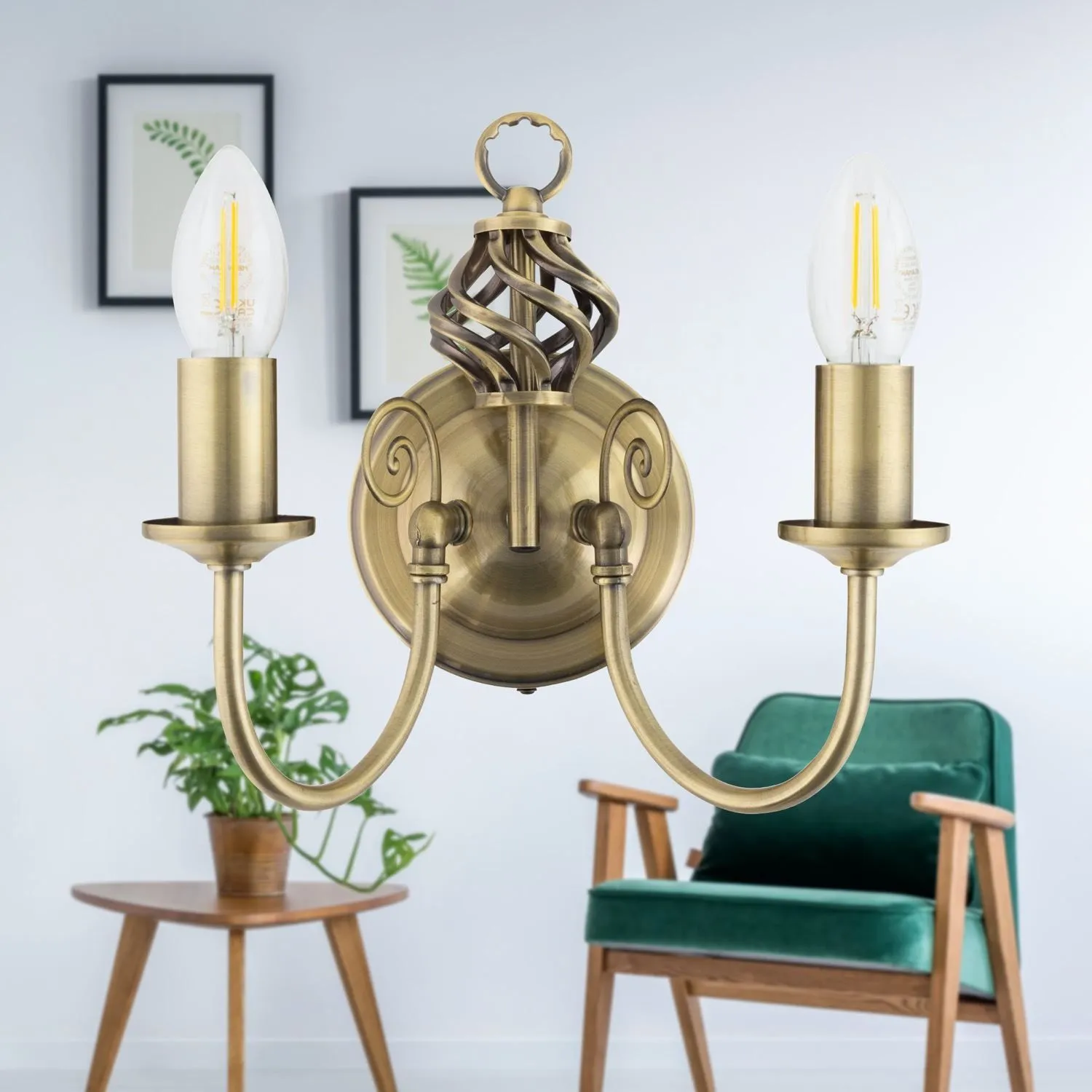 First Choice Lighting Set of 2 Barley Twist - Antique Brass Wall Lights in Gold 5