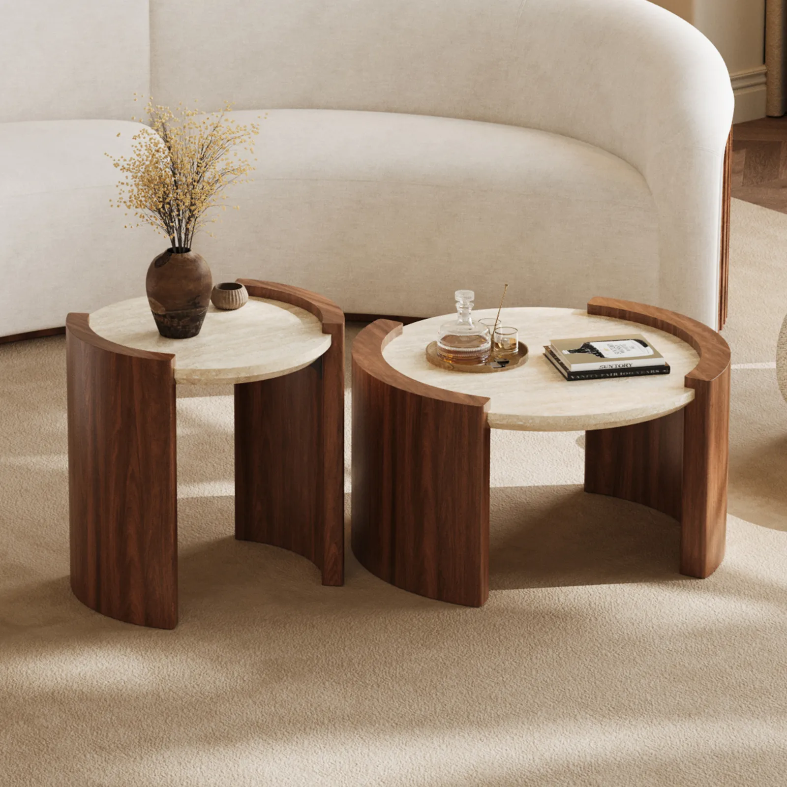 2 Piece Set Walnut Round Coffee Table with Travertine Top (20" - 28")