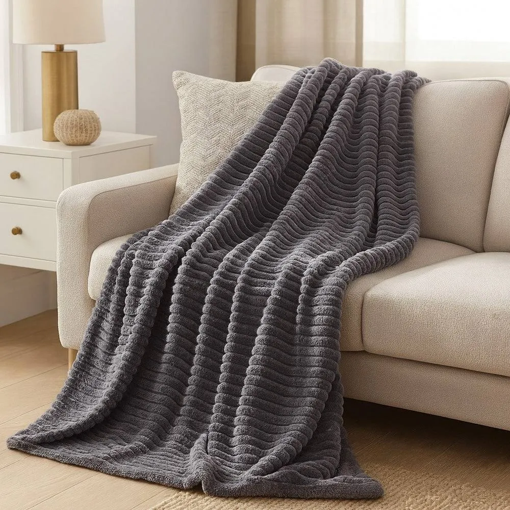 Voltico Luxury Ribbed Throw - Super Soft Polyester, 150 × 200 cm, Navy / Grey