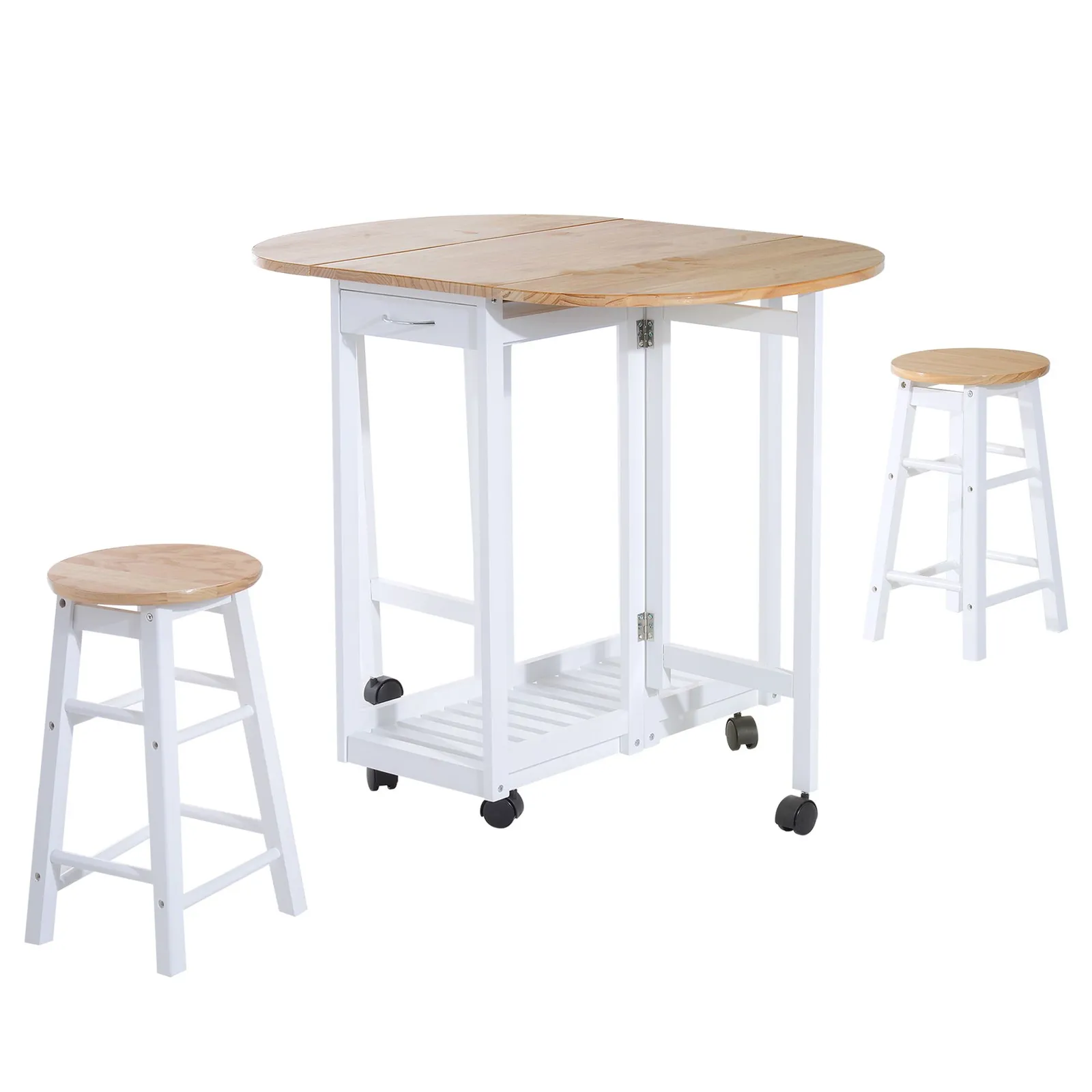 HOMCOM 3pc Wooden Kitchen Cart Mobile Rolling Trolley Folding Stools Wheels in White 2