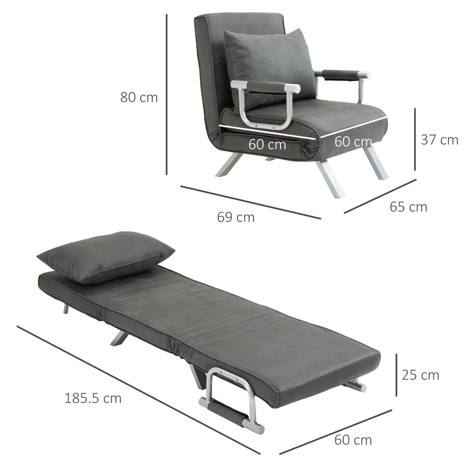 HOMCOM Single Folding 5 Position Convertible Sleeper Chair Bed in Dark Grey 3