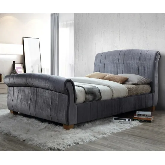 Waverly Sleigh Double Bed In Grey Velvet With Wooden Legs