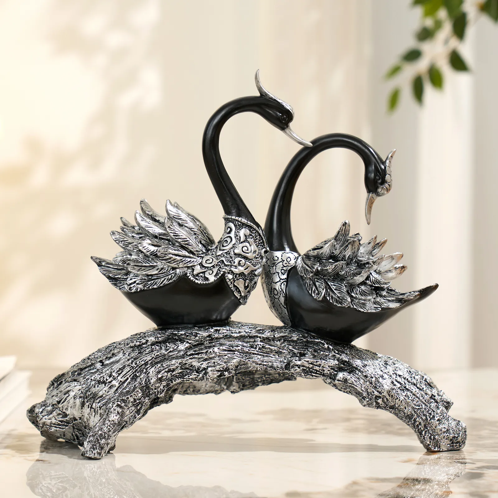 Swan Couple Resin Sculpture in Black & Silver for Home Table Decor