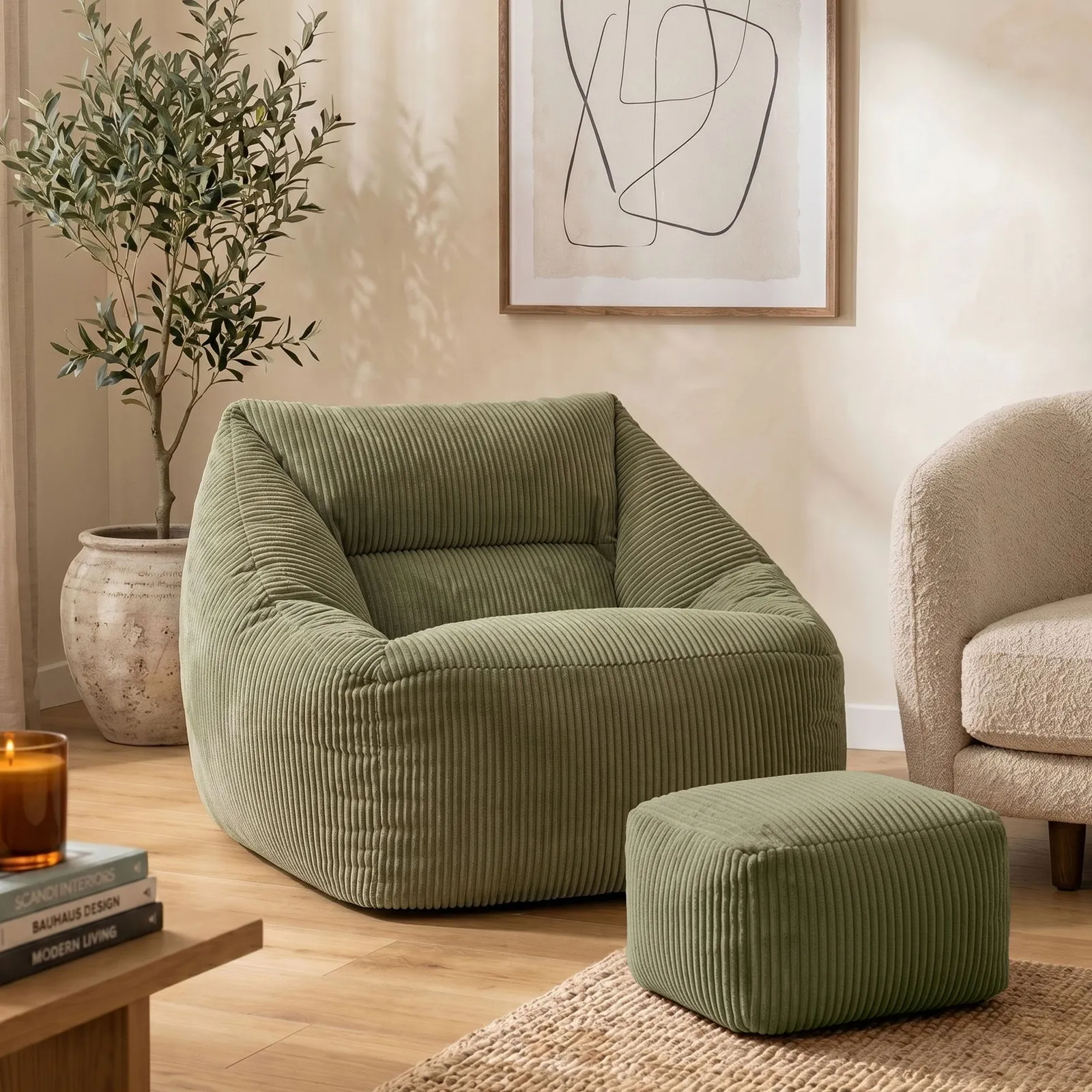 icon Bean Bag Armchair & Footstool Jumbo Cord Bundle in Green