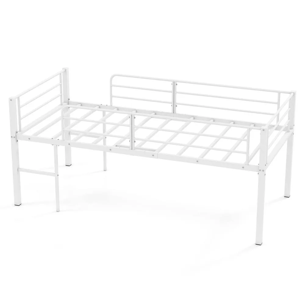 Costway Single Size Low Loft Bed Metal Bed Frame w/ Guardrails & 2 Ladders in White