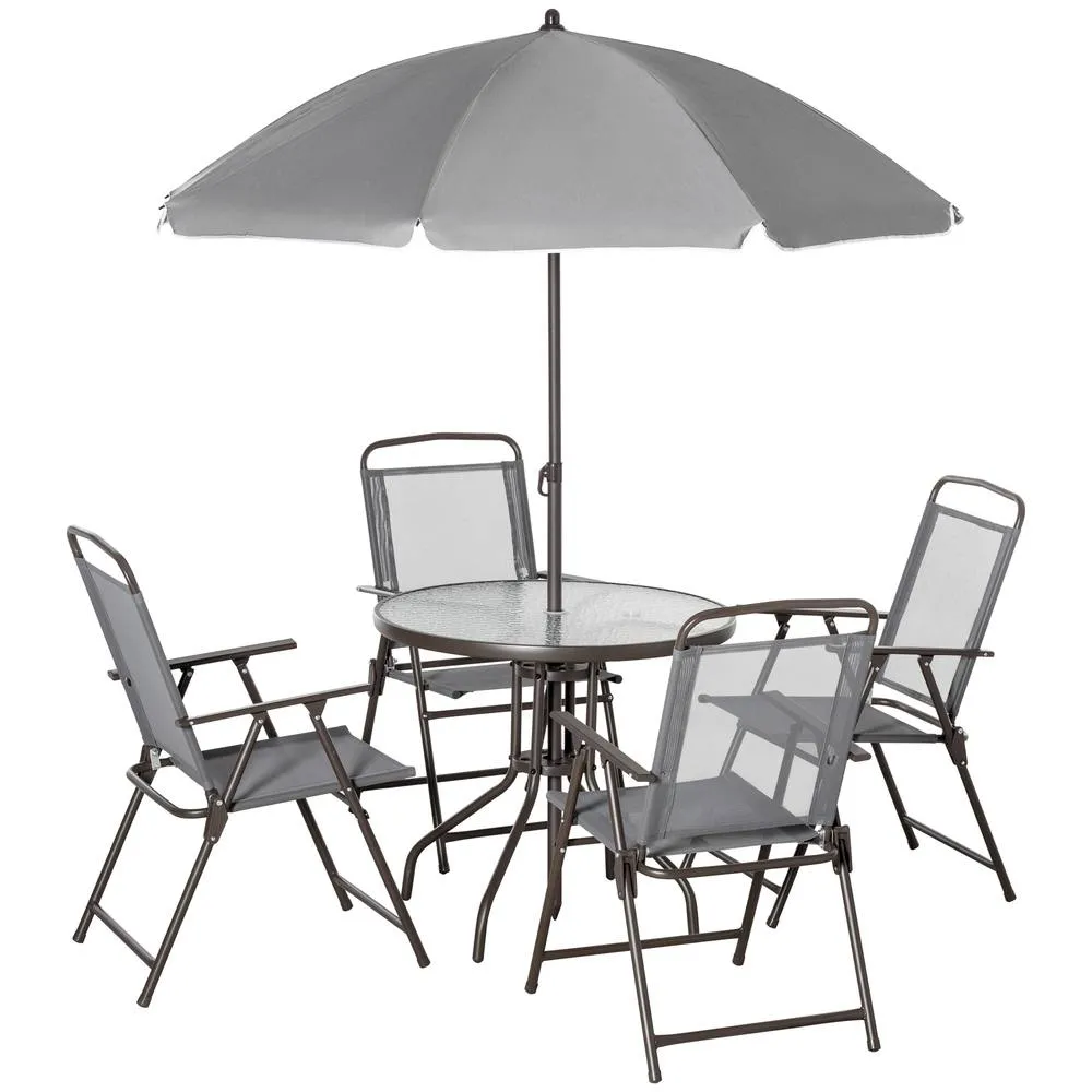 OUTSUNNY 6 Piece Patio Dining Set with Garden Umbrella 4 Folding Chairs in Grey 2