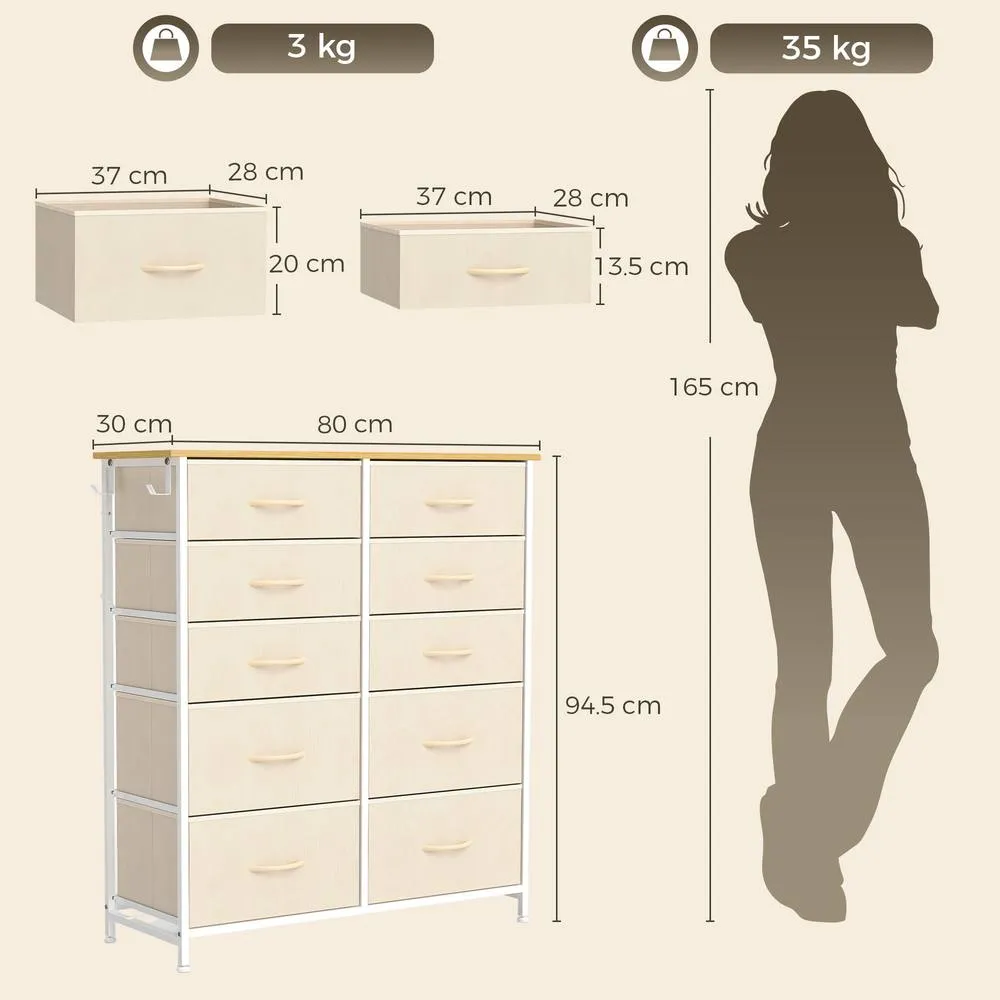 HOMCOM Fabric Chest of Drawers, 10 Drawer Dresser for Bedroom, Beige 3