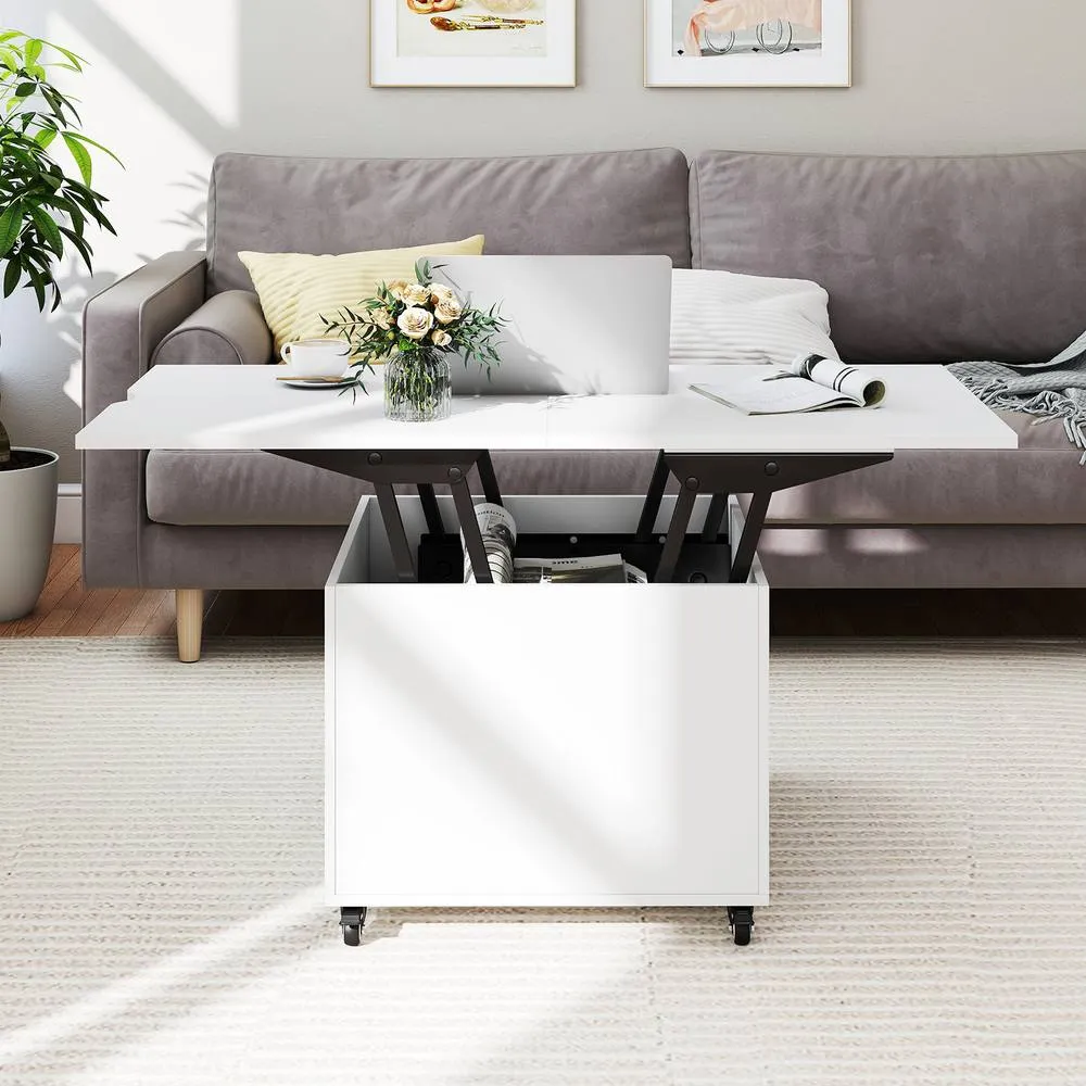 Costway Lift Top Coffee Table 3-In-1 Folding Center Table w/Hidden Storage in White 5