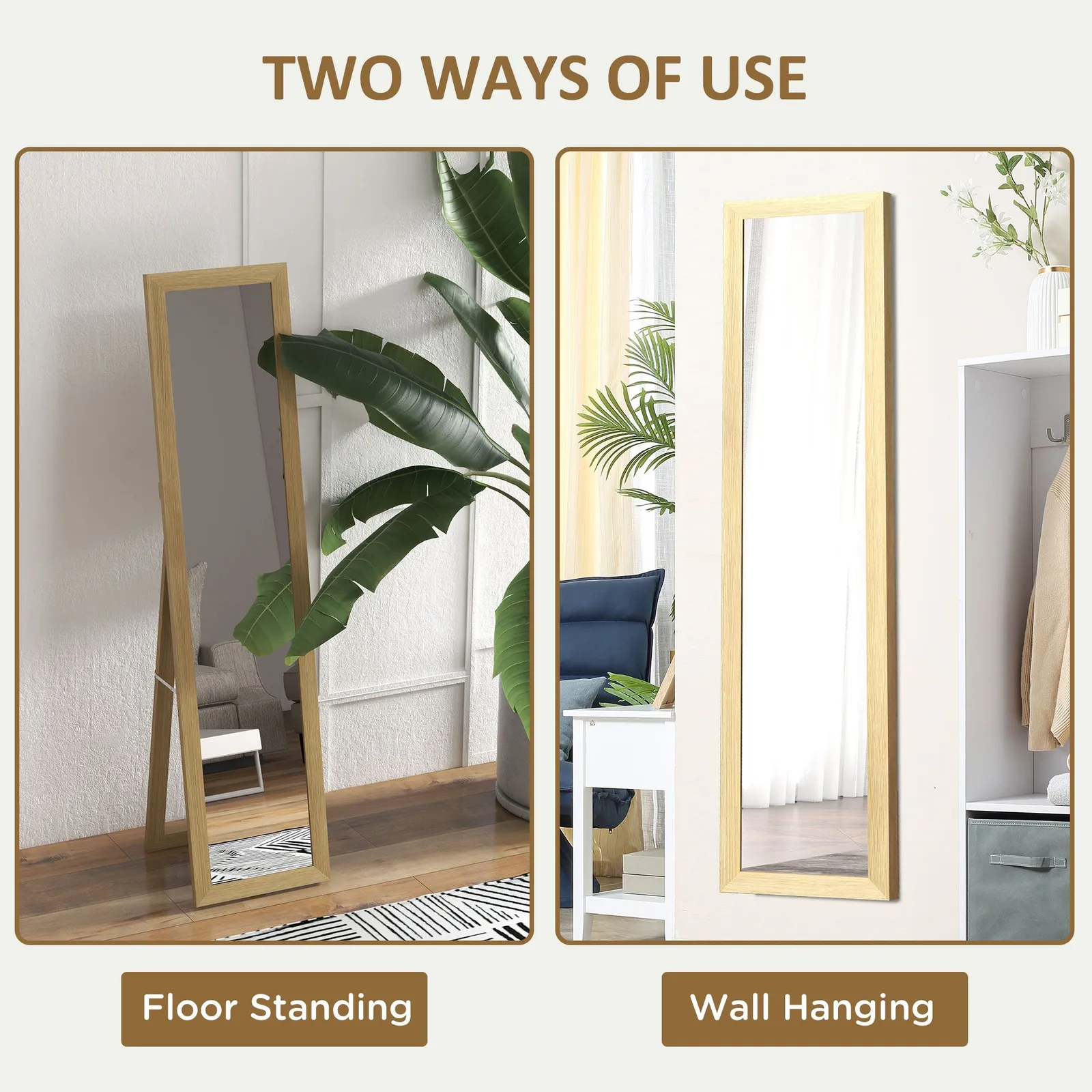 HOMCOM Full Length Mirror, Farmhouse Wall Mirror, Hanging & Freestanding in Natural 6