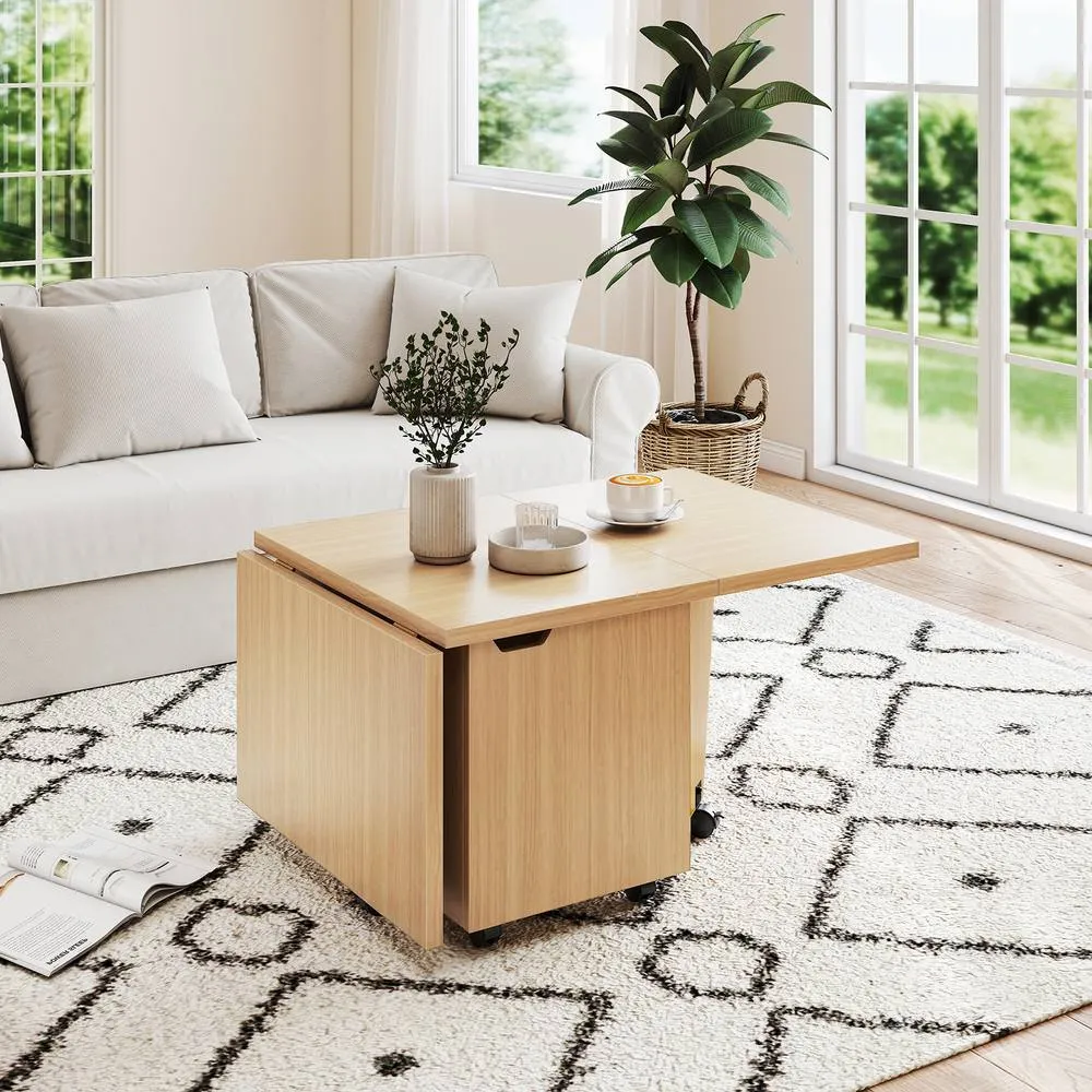 Costway 120cm Extendable Center Table Foldable Coffee Table w/Storage in Light Oak