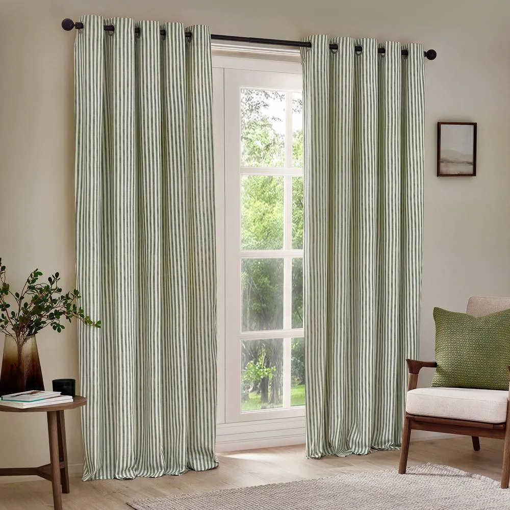 Yard Hebden Striped 100% Cotton Lined Eyelet Curtain Pair in Bottle Green 2