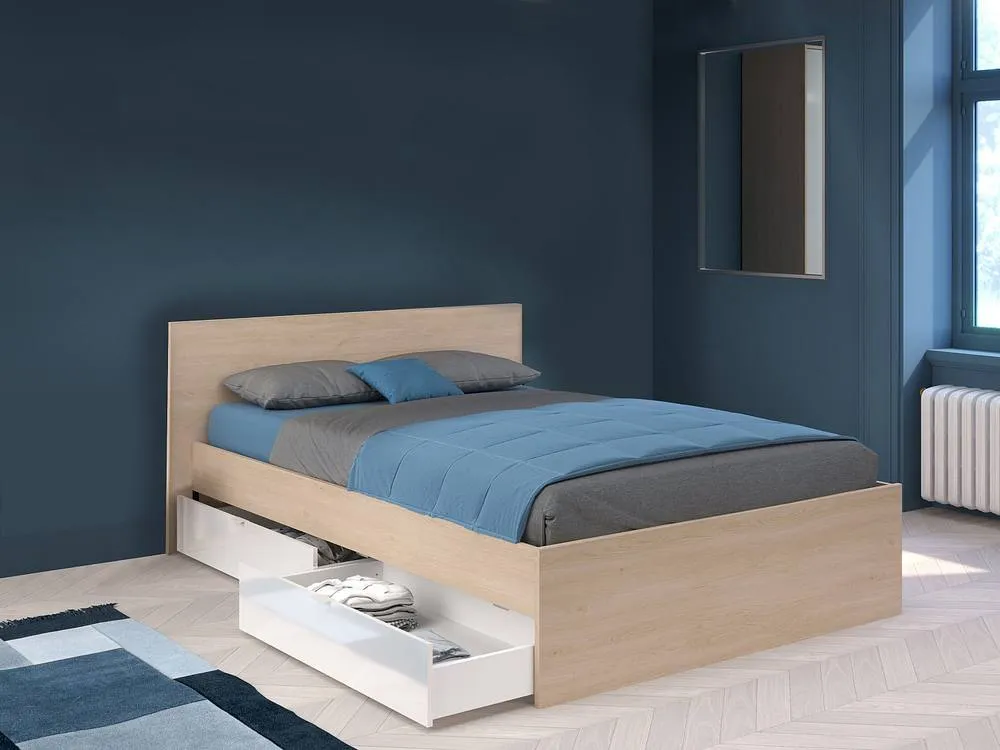 Vente-unique Bed With 2 Drawers 140 X 190 Cm - Colours: Natural & Shiny White + in Light Oak