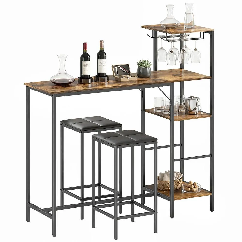 HOMCOM 3Pcs Breakfast Bar Table & Stools Set 4-tier shelving in Brown 2