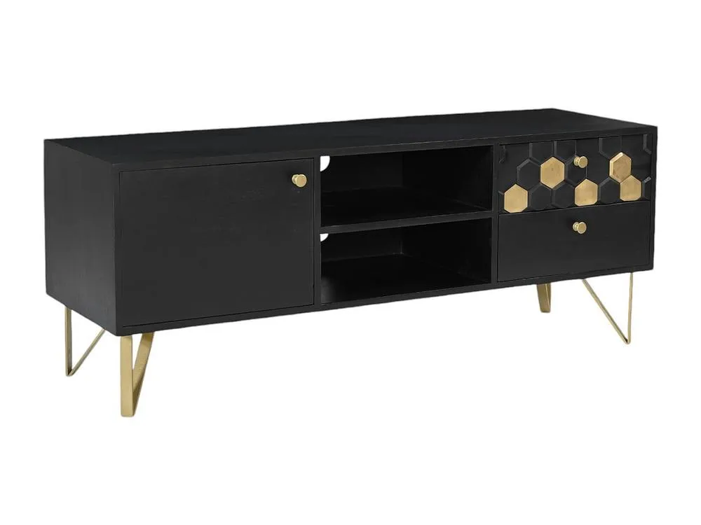 Vente-unique TV Stand With 1 Door, 2 Drawers, & 2 Shelves In Mango Wood & Metal in Black 5