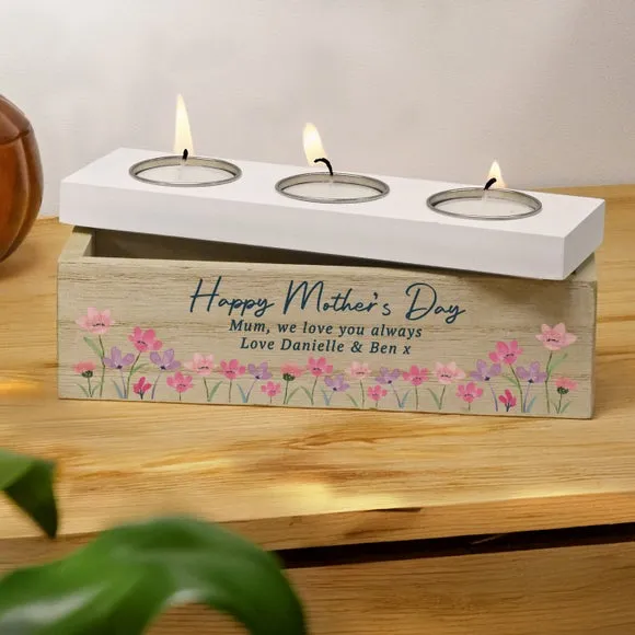 Personalised Floral Wooden Triple Tealight Holder 3