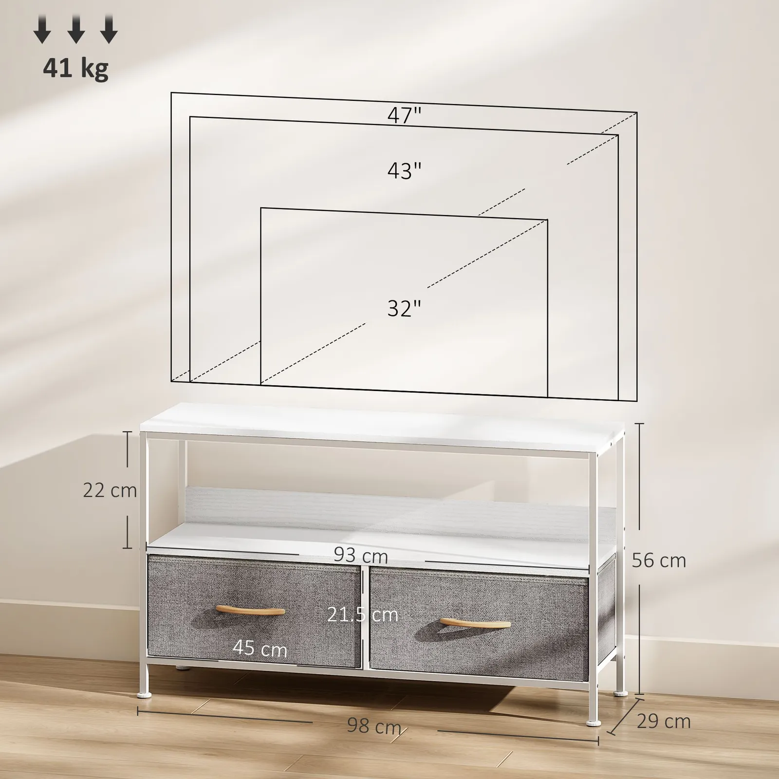 HOMCOM TV Cabinet, TV Console Unit with 2 Foldable Linen Drawers White 3