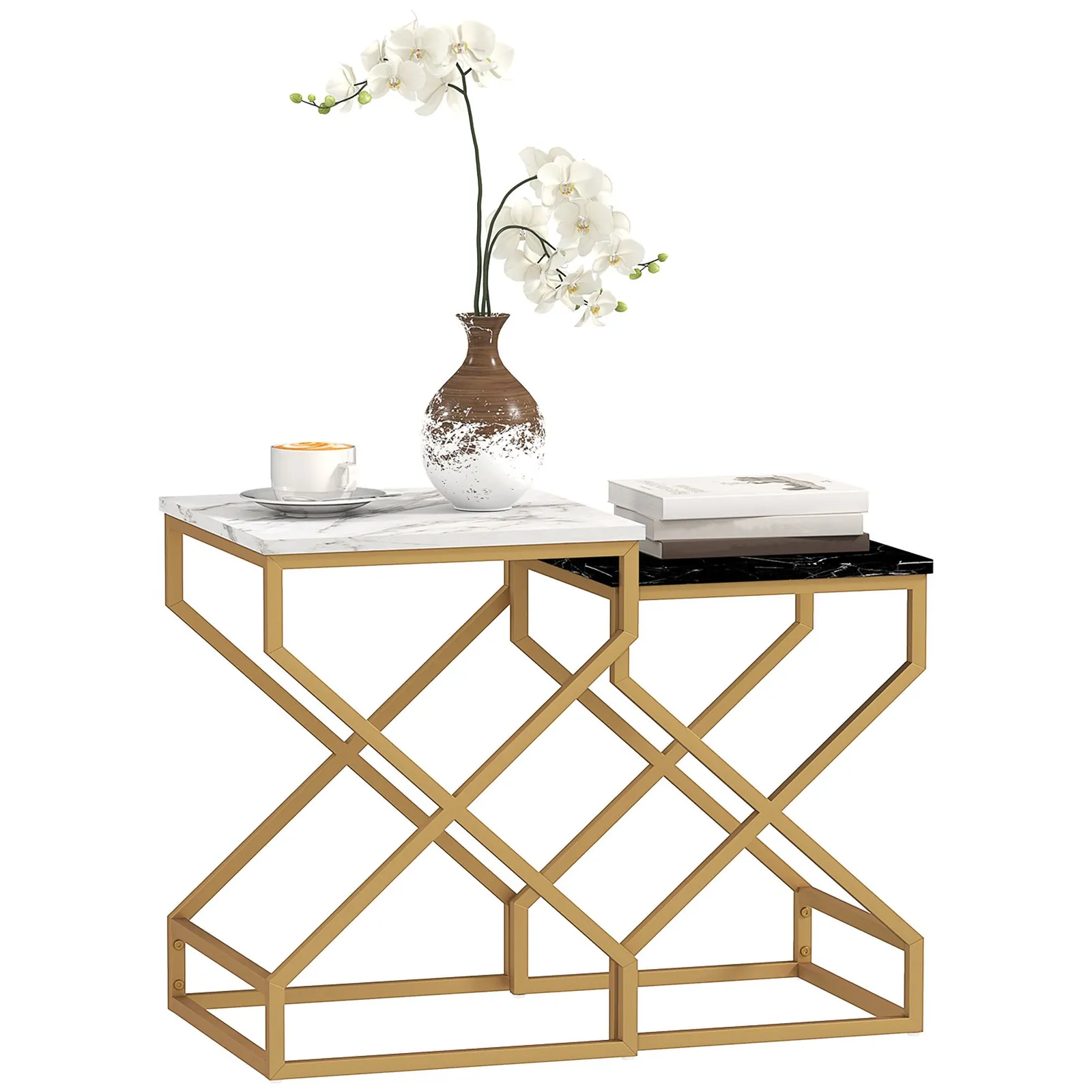 HOMCOM Nest Of Tables, Coffee Table Set with Steel Frame Black/White 2