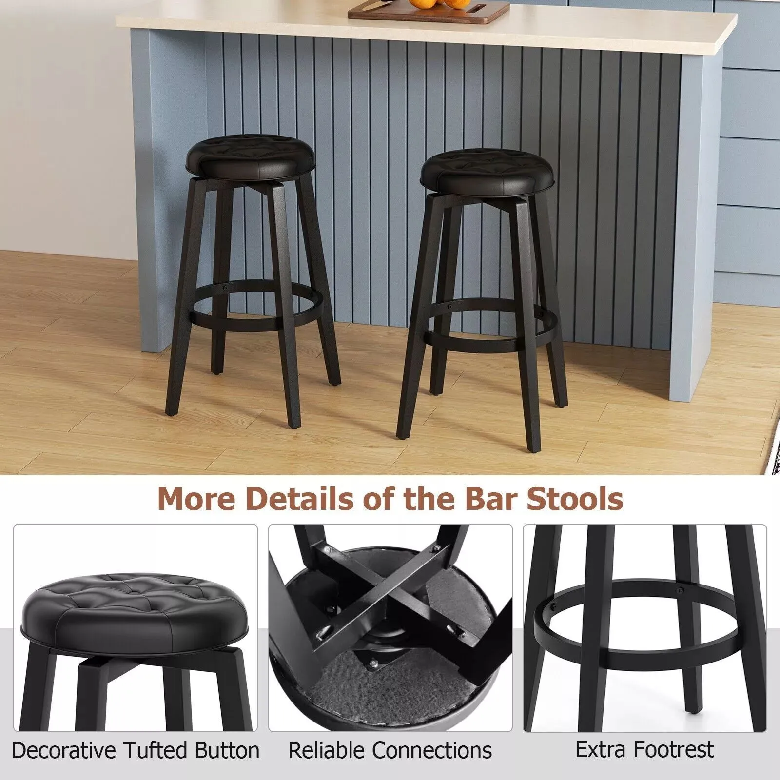 Costway Set of 2 Bar Stools Kitchen Upholstered Chair 360 Swivel Pub Stool 76cm in Black 4