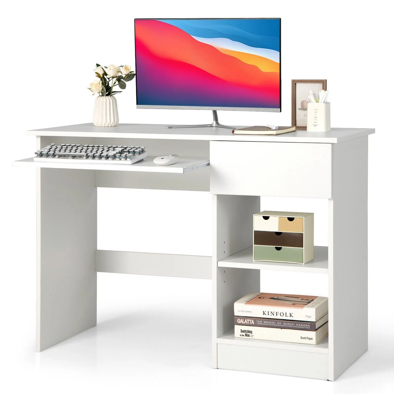 Costway Modern Computer Desk Workstation PC Laptop Table w/ Keyboard Tray & Drawer in White