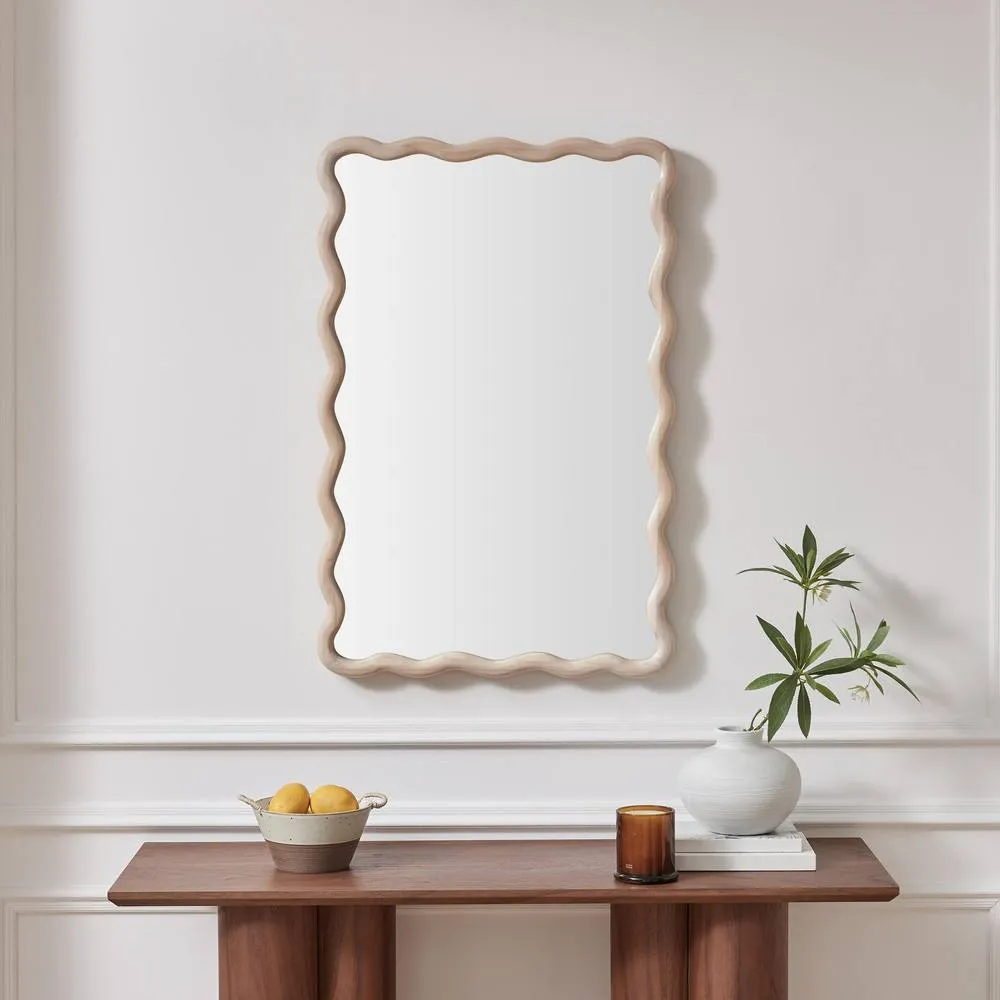 FurnitureboxUK Damaris Wood Medium 90x60cm Wavy Rectangle Wall Mirror in Light Brown 2