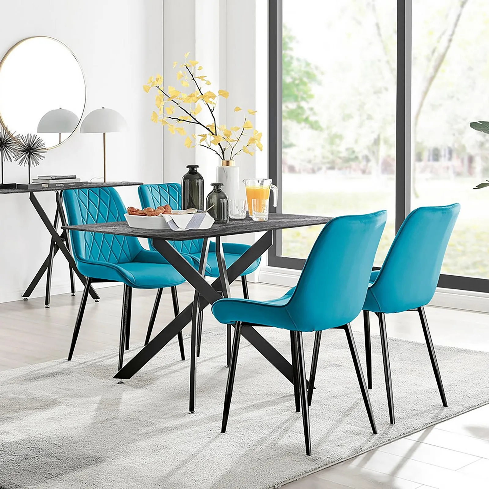 FurnitureboxUK Leonardo Grey Glass Marble Effect Black Leg Table & 4 Pesaro Black Leg Chairs in Blue 1