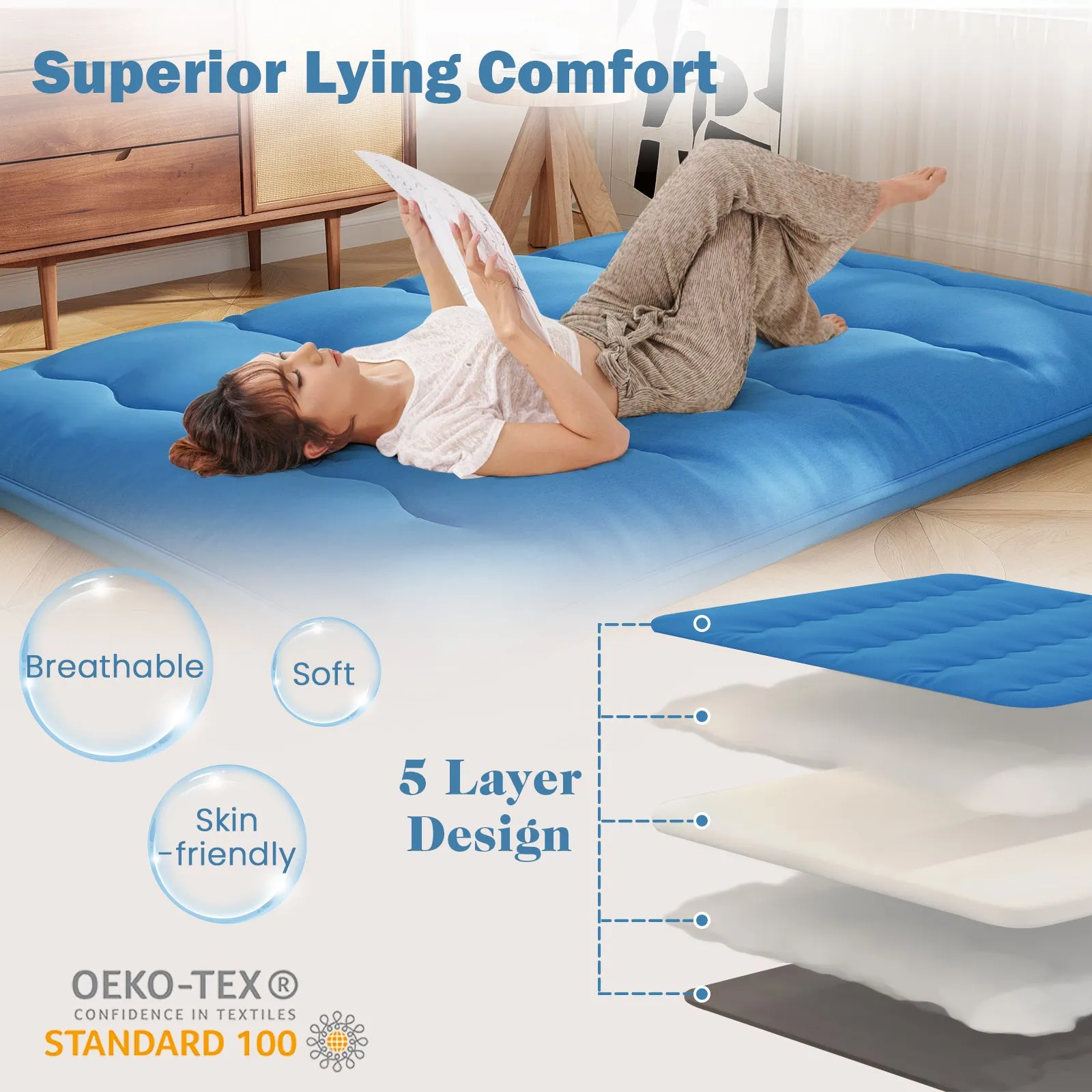 Costway Foldable Tatami Mat Floor Futon Mattress Roll up Sleeping Pad with Washable Cover, Small Double/Double/King Size in Navy 6