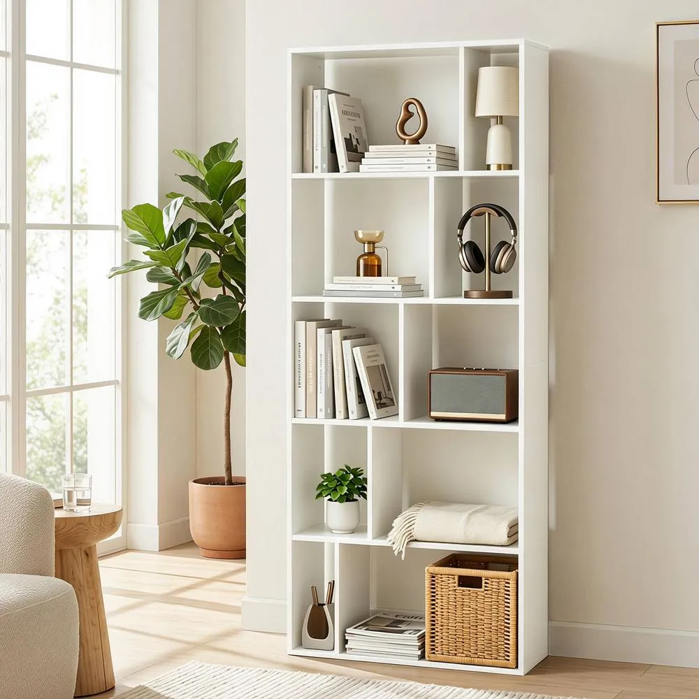 Costway 5-Tier Geometric Bookshelf with 10 Open Cubbies in White 3