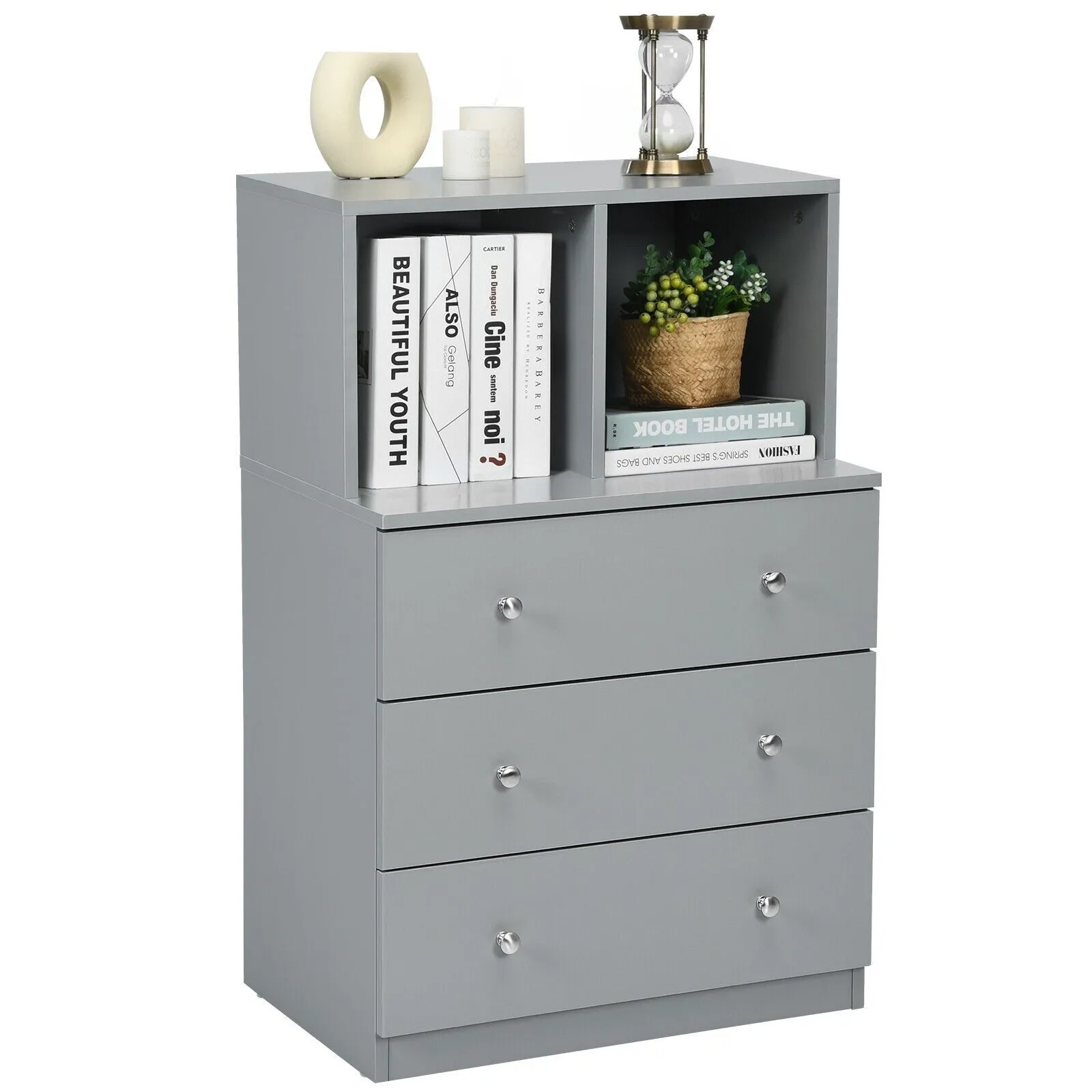 Costway 3-Drawer Chest Storage Cabinet Dresser Freestanding Organizer 2 Cubbies 3 Drawer in Grey 4