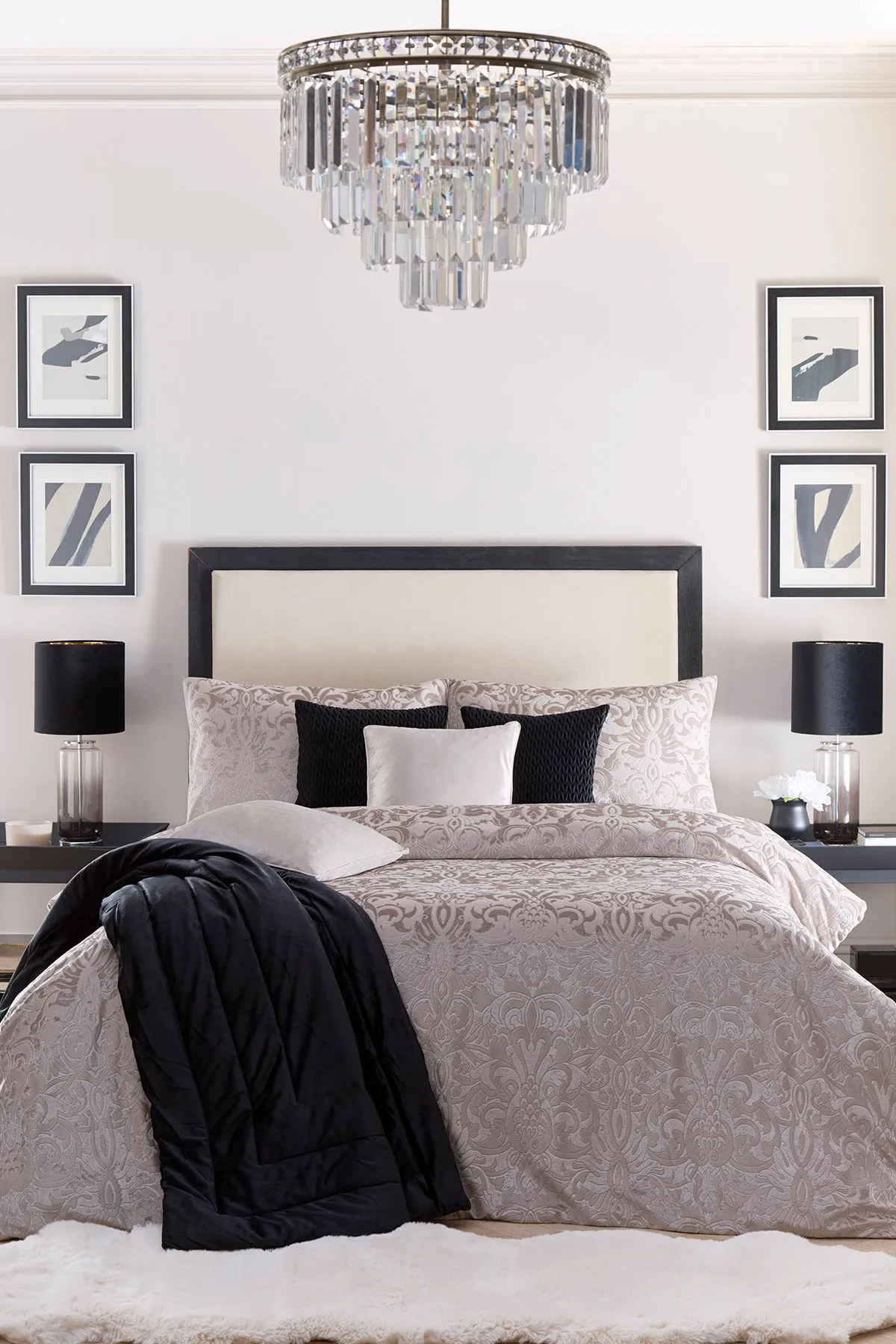 Laurence Llewelyn-Bowen 'Firenza' Damask Velvet Duvet Cover Set in Light Beige 4