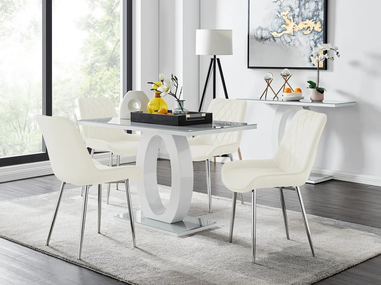 FurnitureboxUK Giovani 4 Grey Dining Table & 4 Pesaro Silver Leg Chairs in Cream