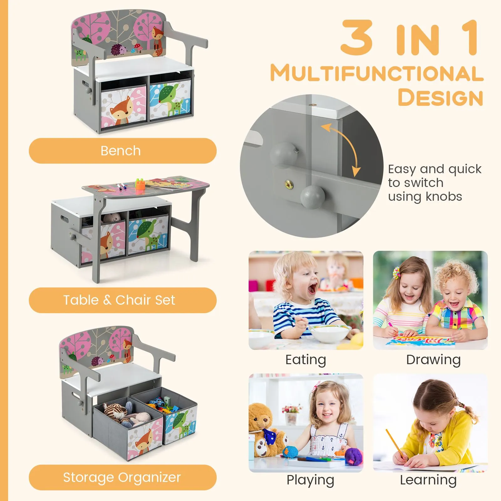 Costway 3-in-1 Convertible Activity Bench Table Chair Set Toy Storage in Grey 4