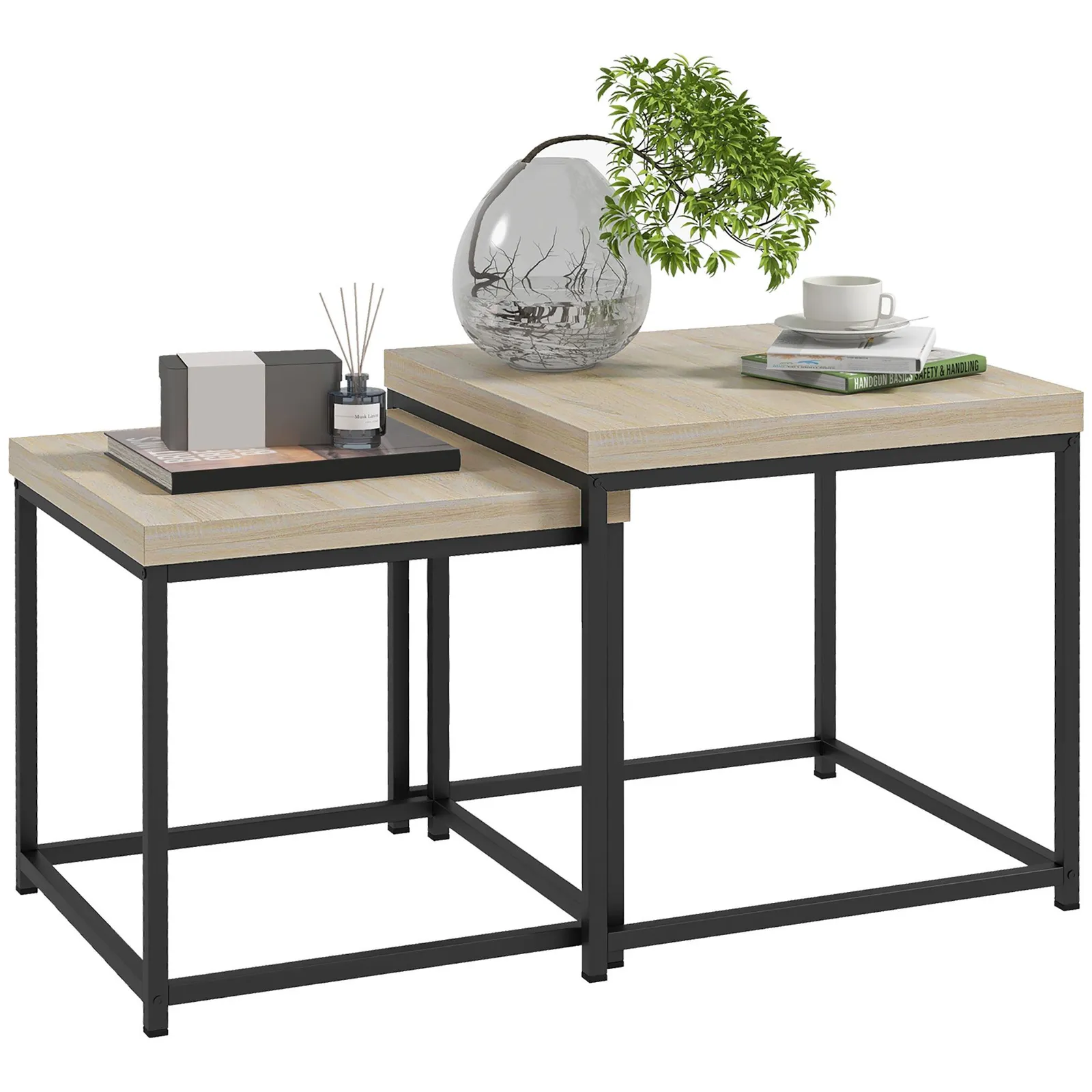 HOMCOM Coffee Table Set of 2, Nest of Tables with 3.5cm Thick Tabletop, Oak in Light Oak 2
